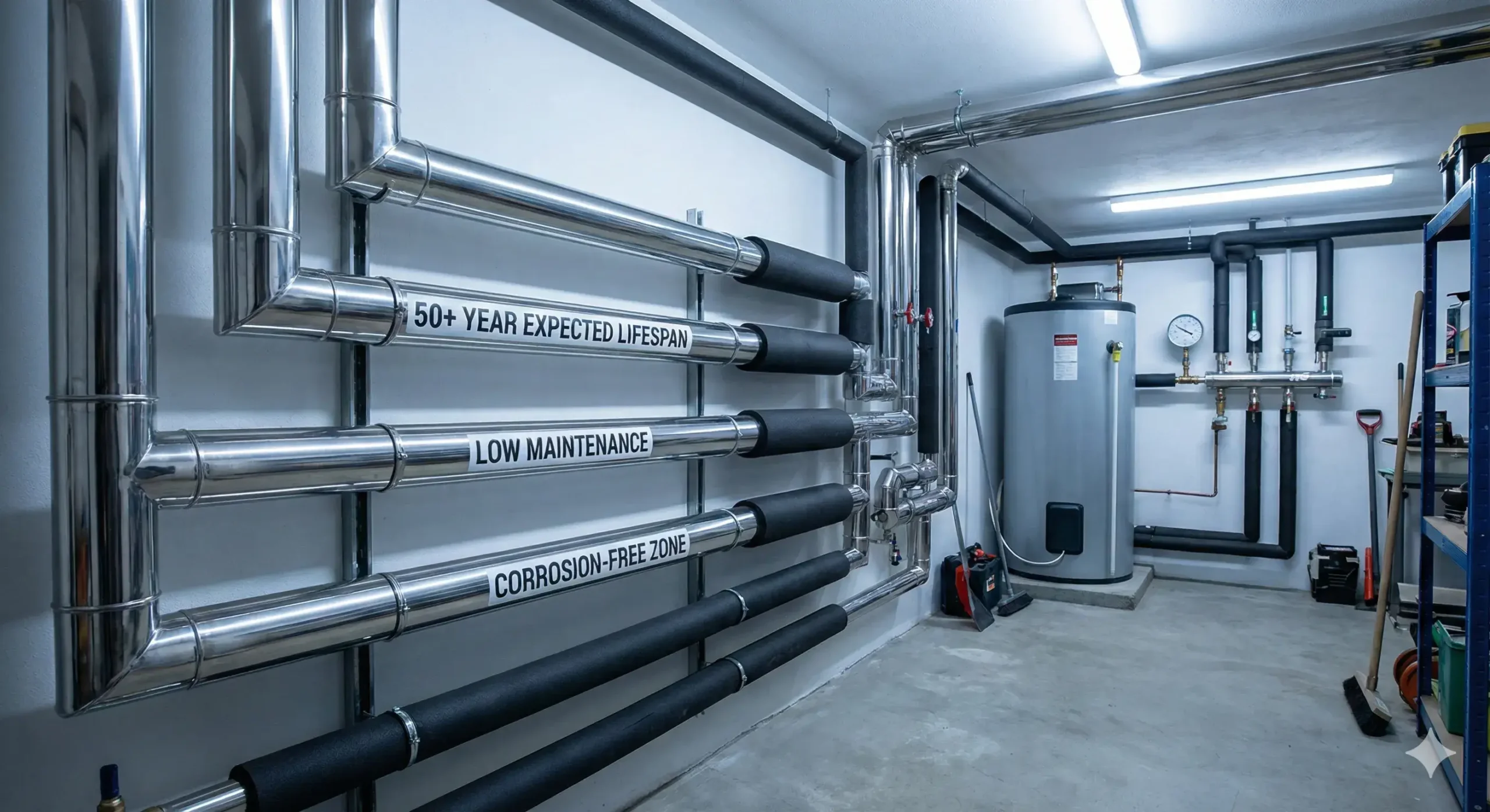 Stainless pipe system in basement labeled with "50+ year lifespan"