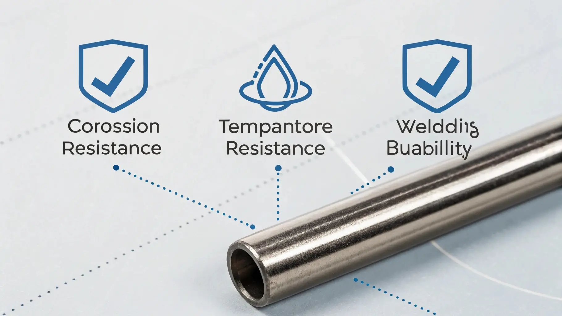 Infographic showing corrosion resistance, heat tolerance, and weldability of 304 tubing