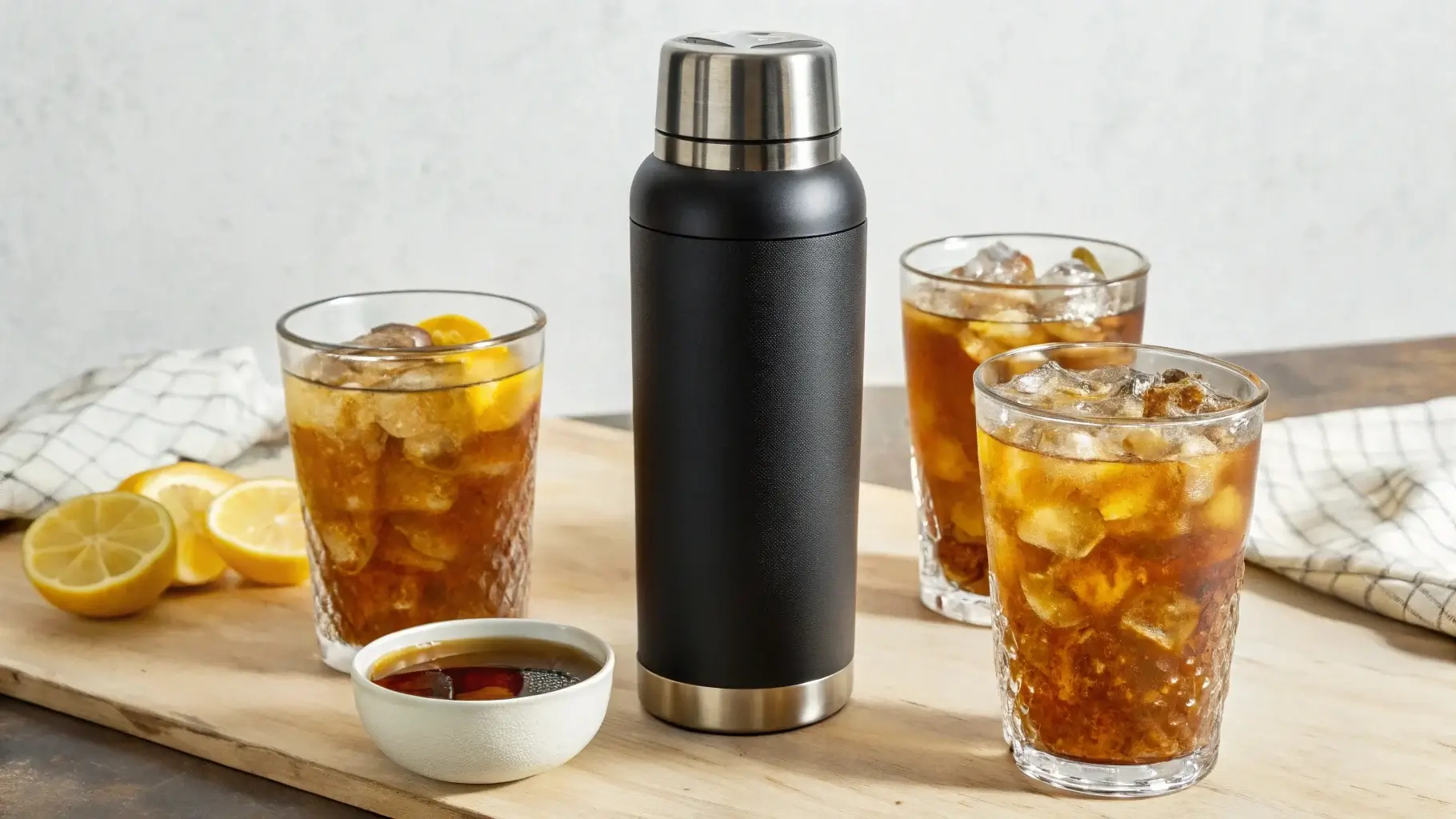 Stainless steel bottle next to tea, lemon juice, and coffee drinks