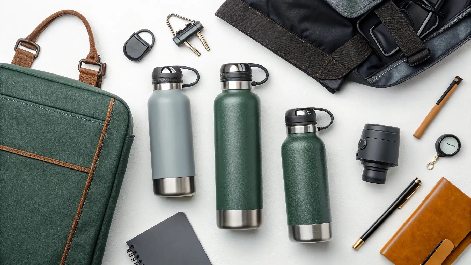 Different sizes of Stanley bottles with labeled lifestyle use cases