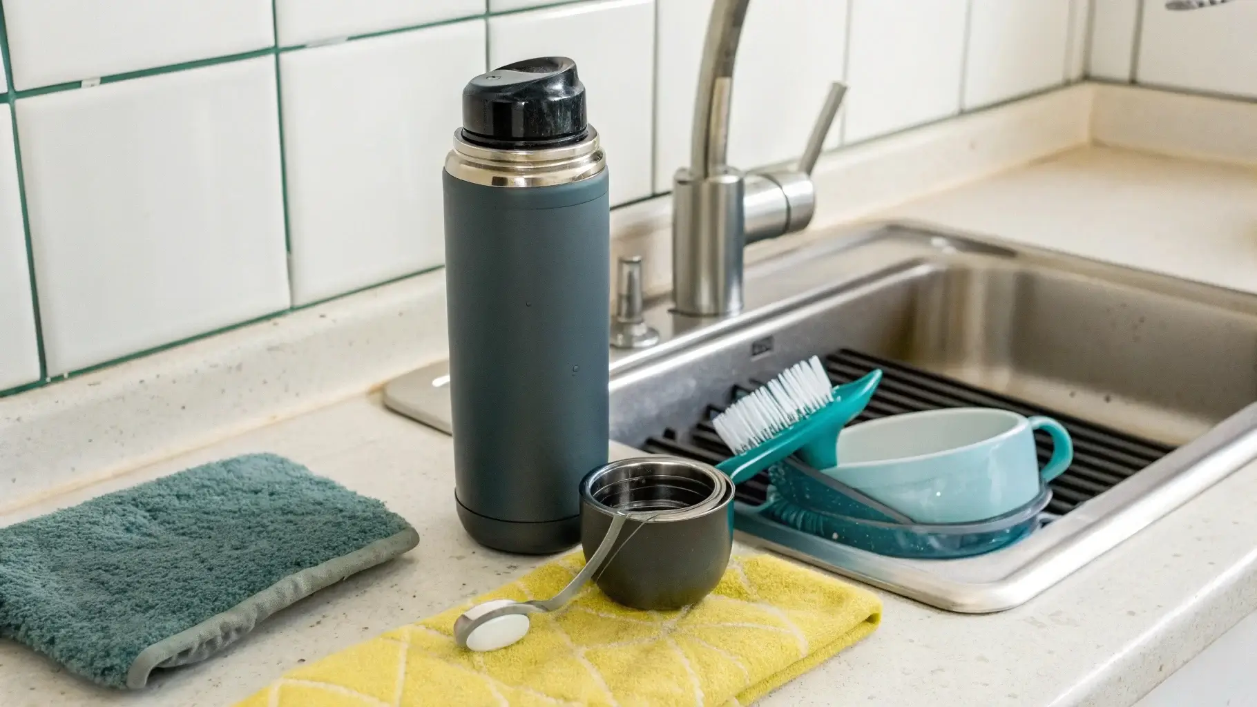 Stanley bottle beside cleaning supplies in a bright kitchen