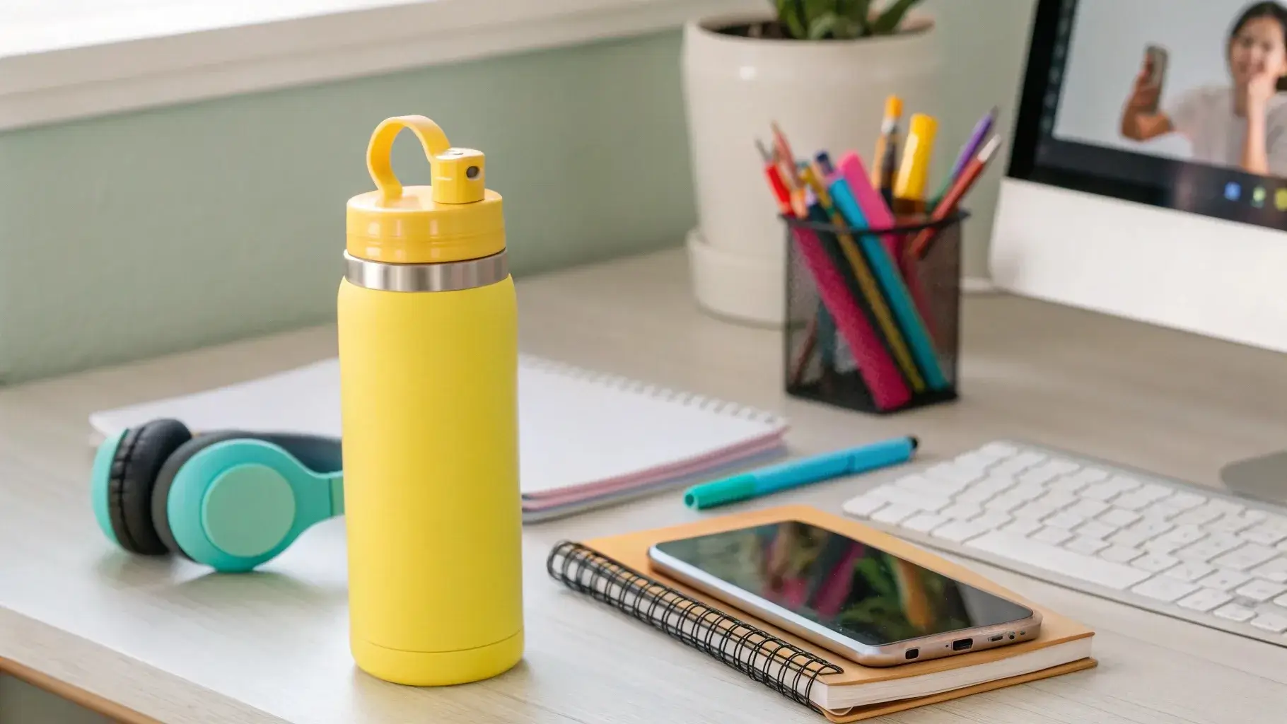 Stanley Quencher bottle on a desk with TikTok video playing in background