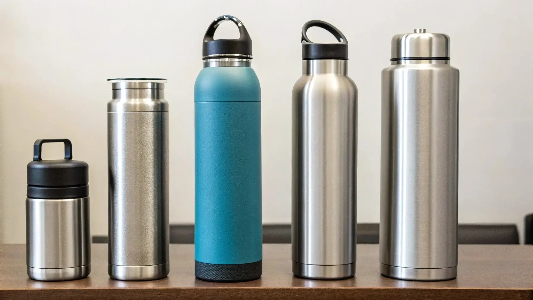 Stanley, Yeti, Hydro Flask, and Simple Modern bottles lined up on a table