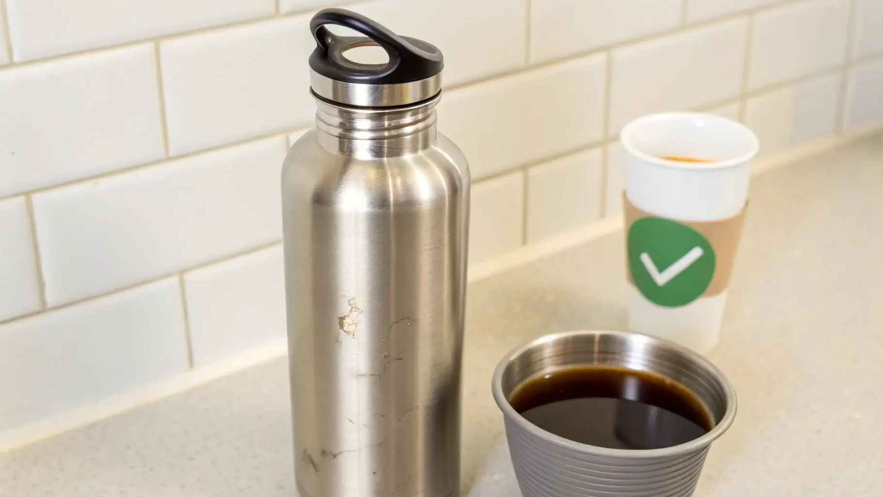 Scratched stainless bottle with checkmark and myth-busting callouts