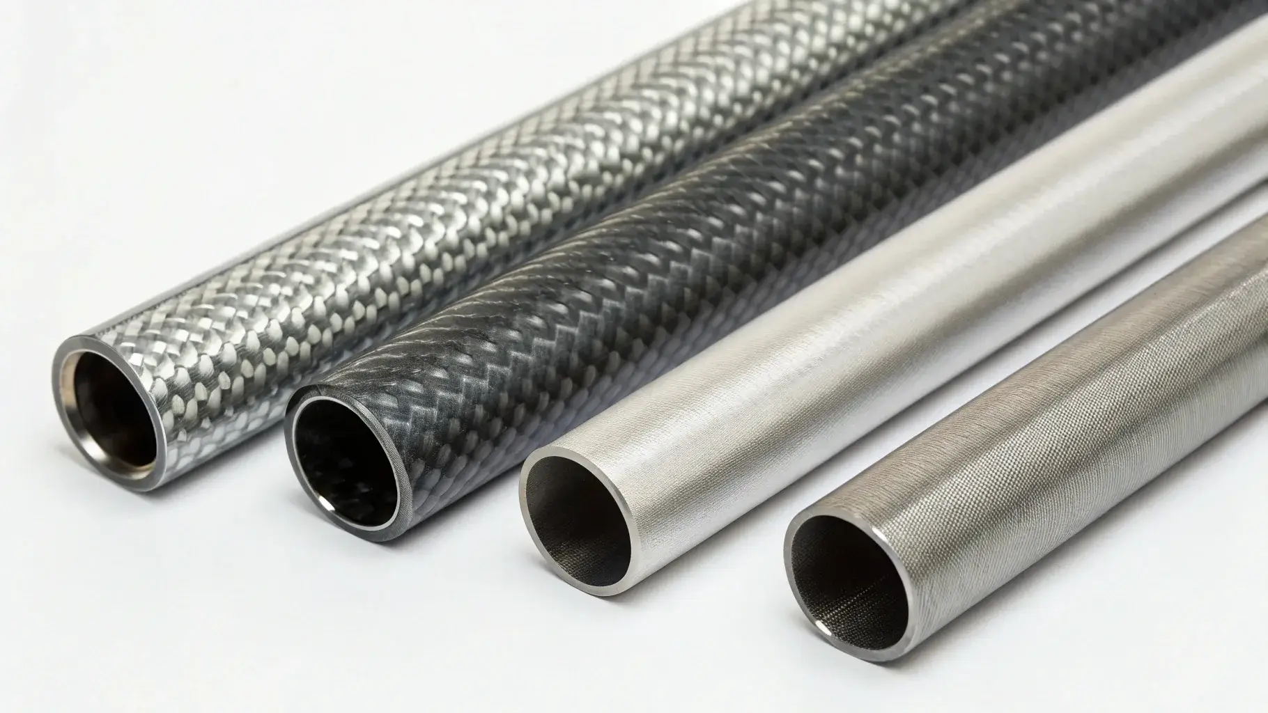 Side-by-side of stainless, carbon steel, and aluminum tubing with labeled textures