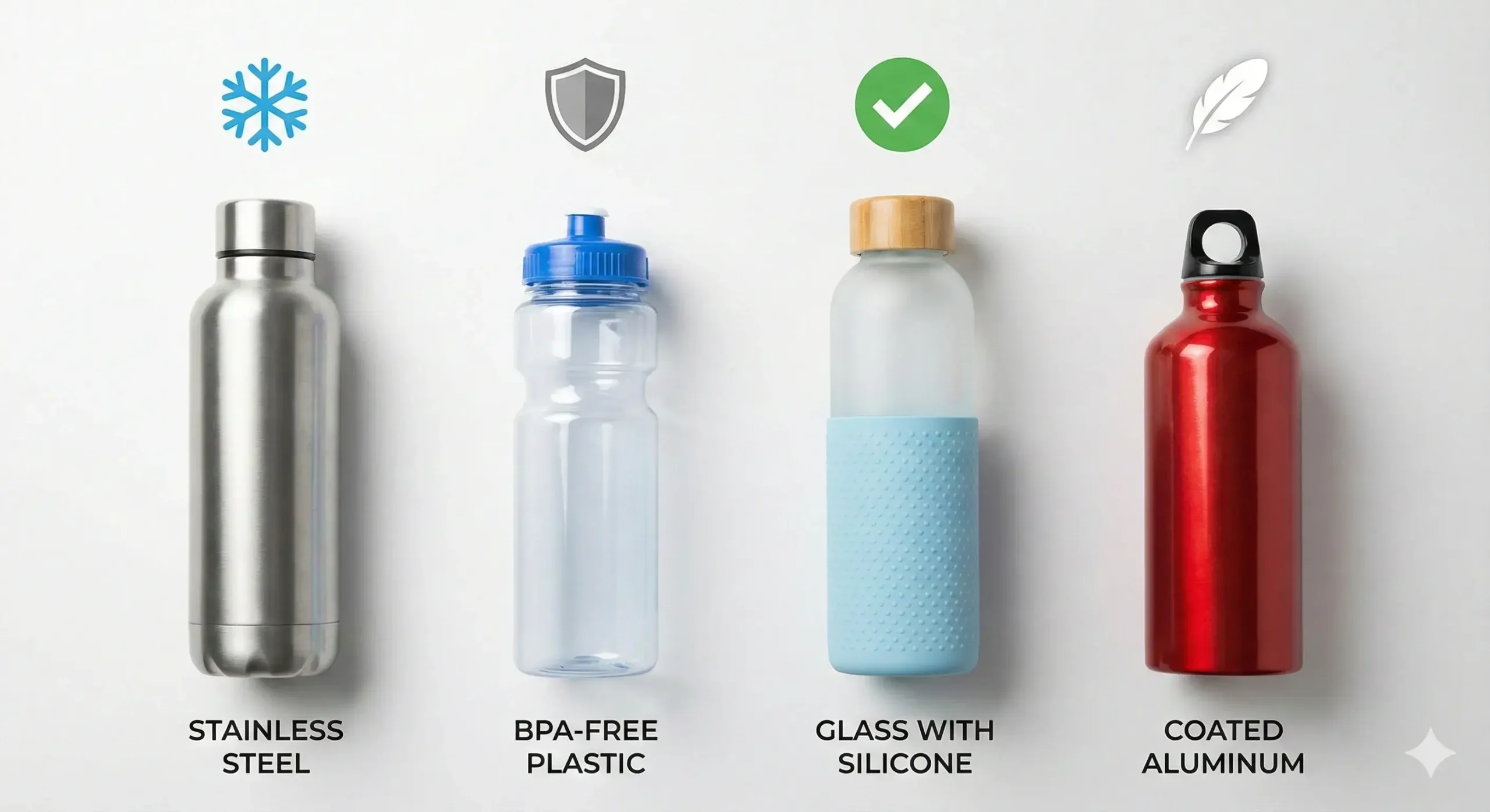 Visual chart comparing stainless, plastic, glass, and aluminum bottles