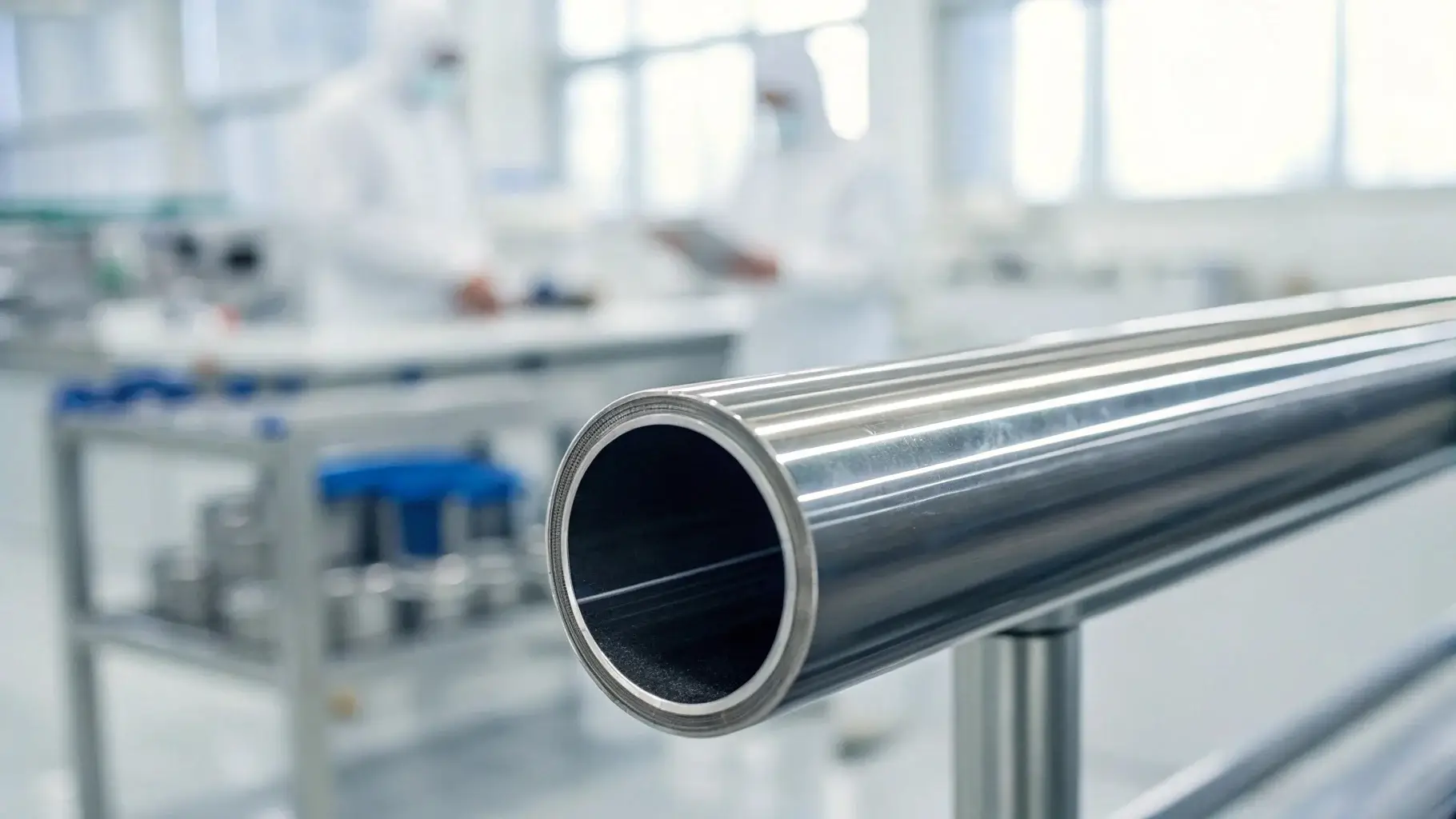 Cutaway of a stainless tube labeled with 18% chromium and 8% nickel