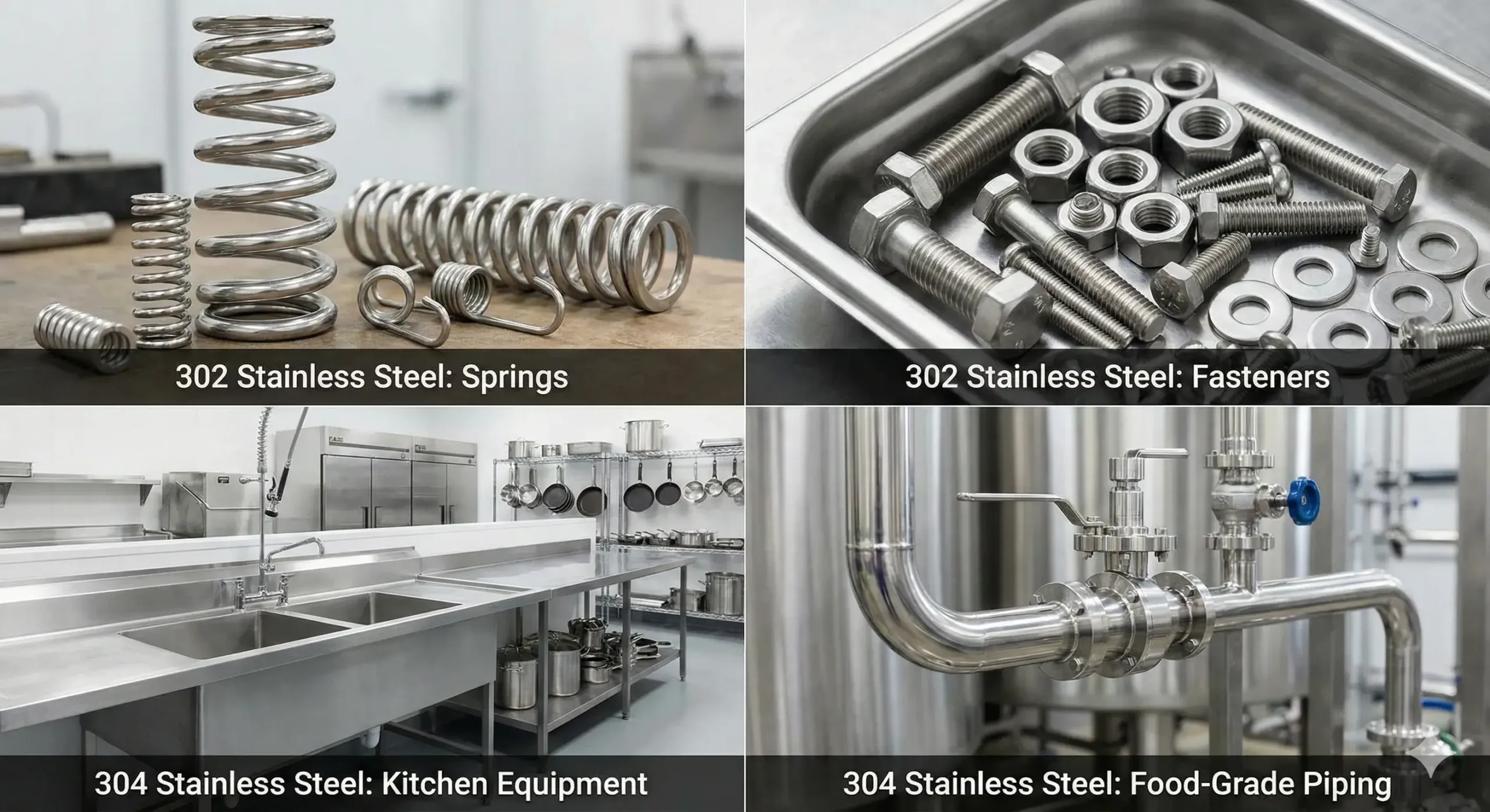 Use cases for 302 and 304 302 stainless steel for springs, 304 for food equipment