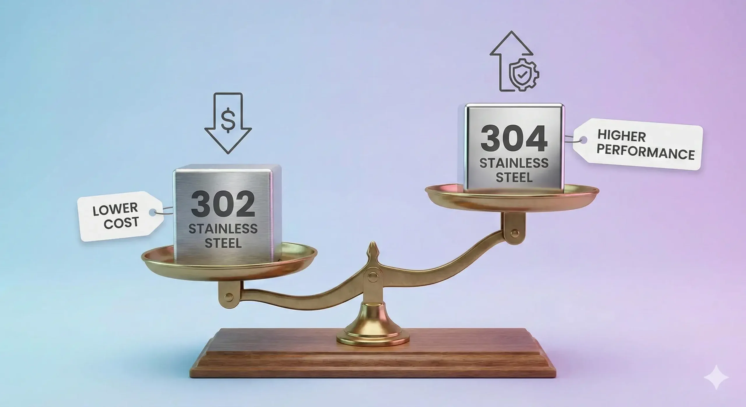 Cost difference 302 stainless steel labeled as slightly cheaper than 304 with value icons