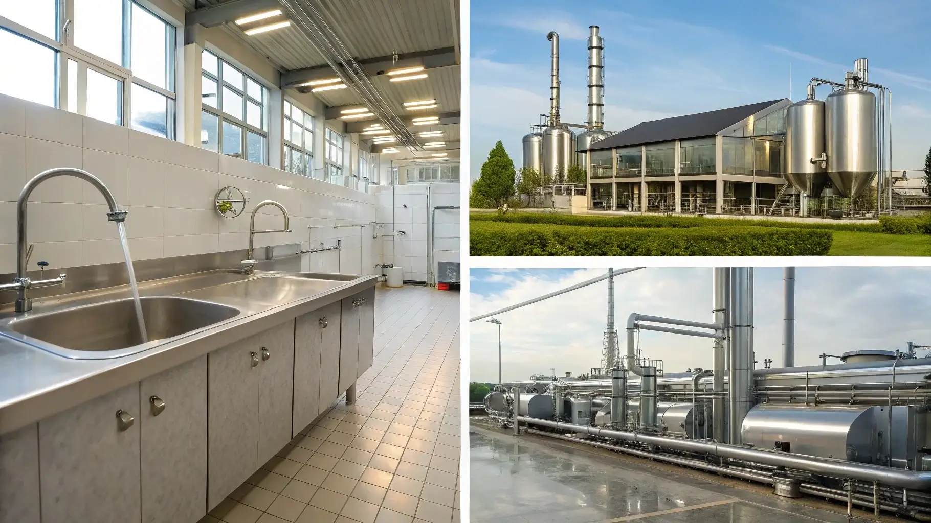 Stainless steel in use: food processing, factory pipes, clean kitchen sinks