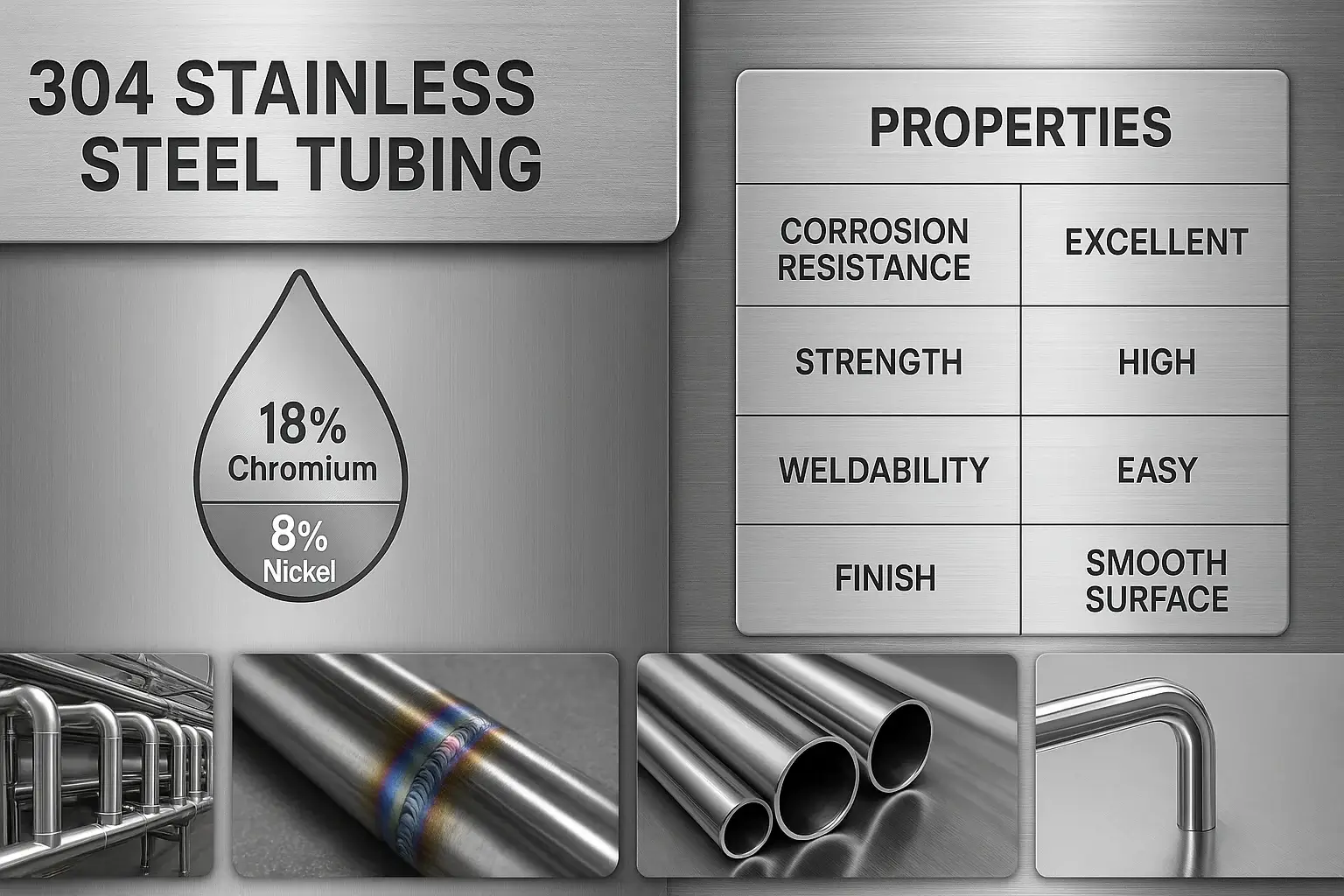 Stainless steel tubing infographic highlighting composition, properties, and uses
