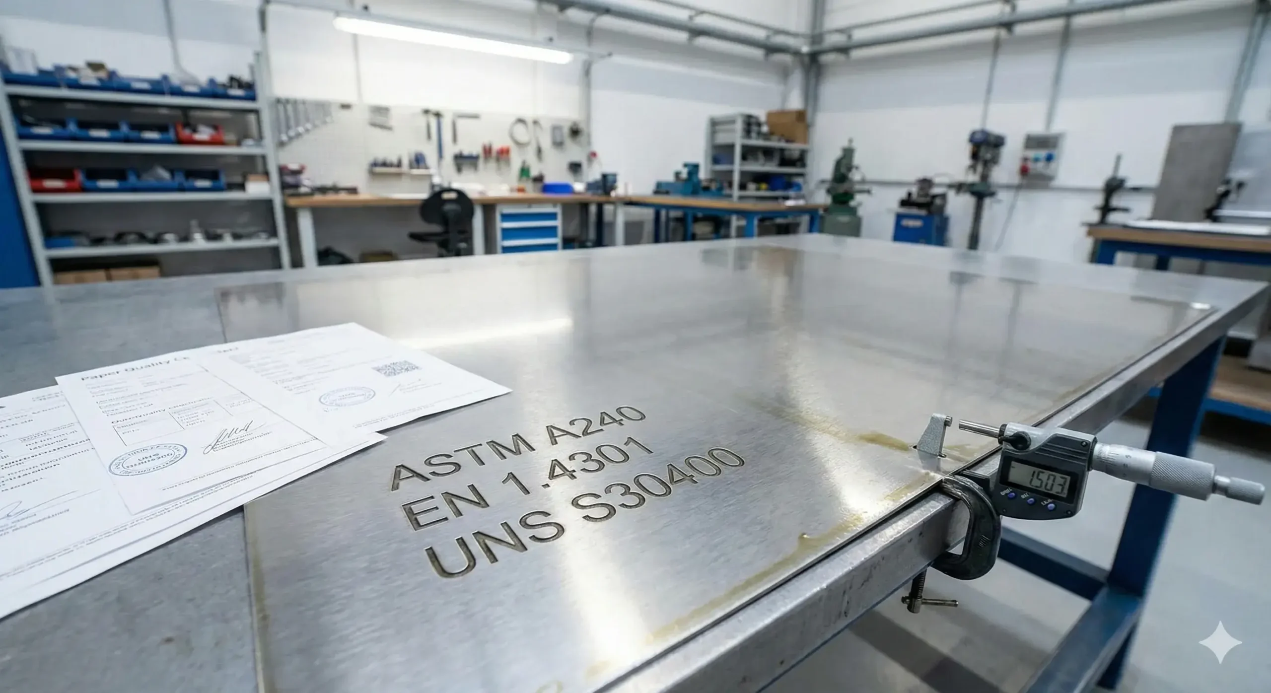 Standards and specs 304 stainless steel sheet with ASTM, EN, and ISO certification stamps