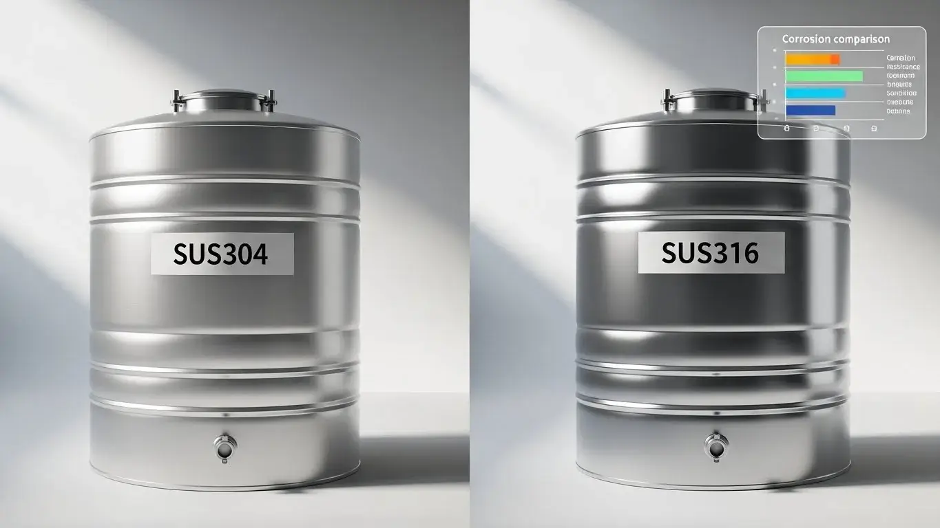 304 vs 316 tank types Two stainless steel tank samples labeled 304 and 316