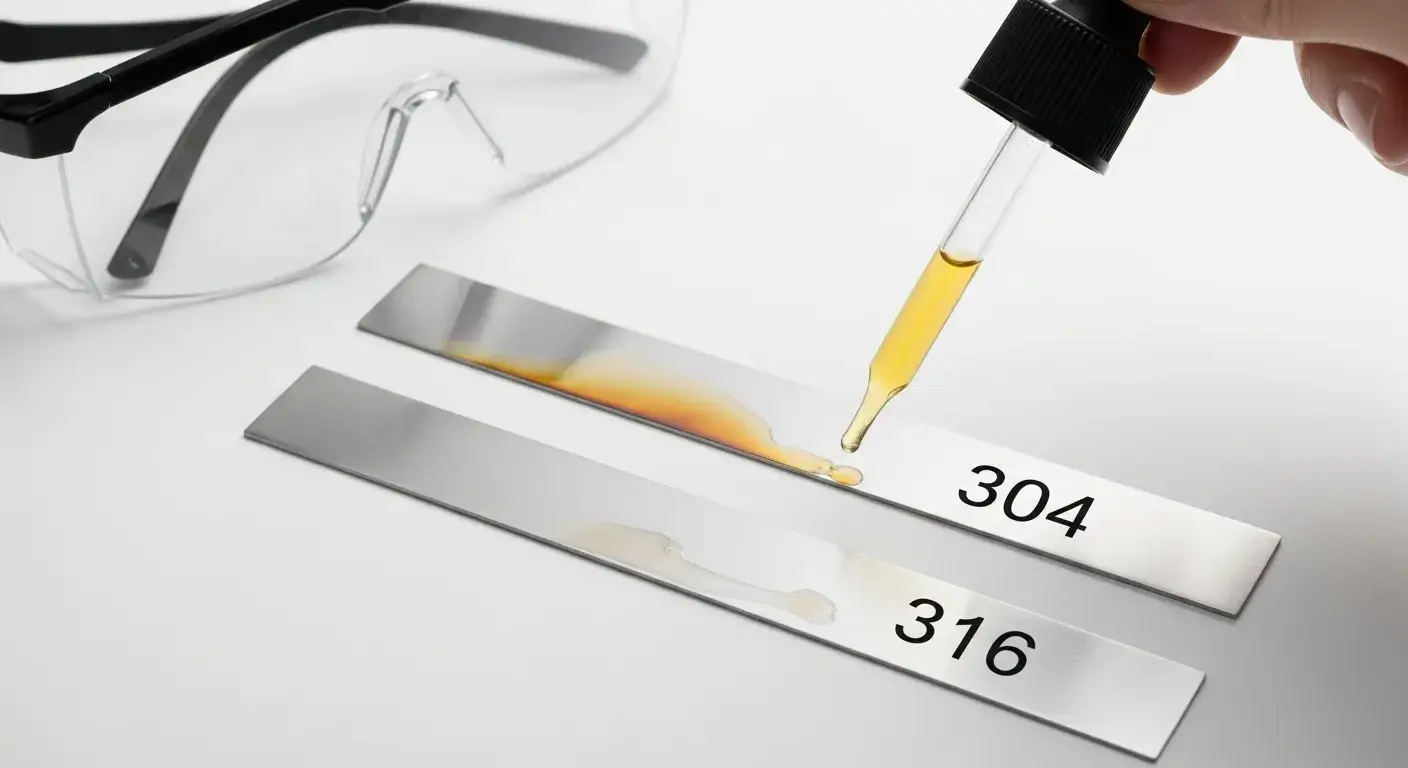 Dropper placing acid on stainless samples