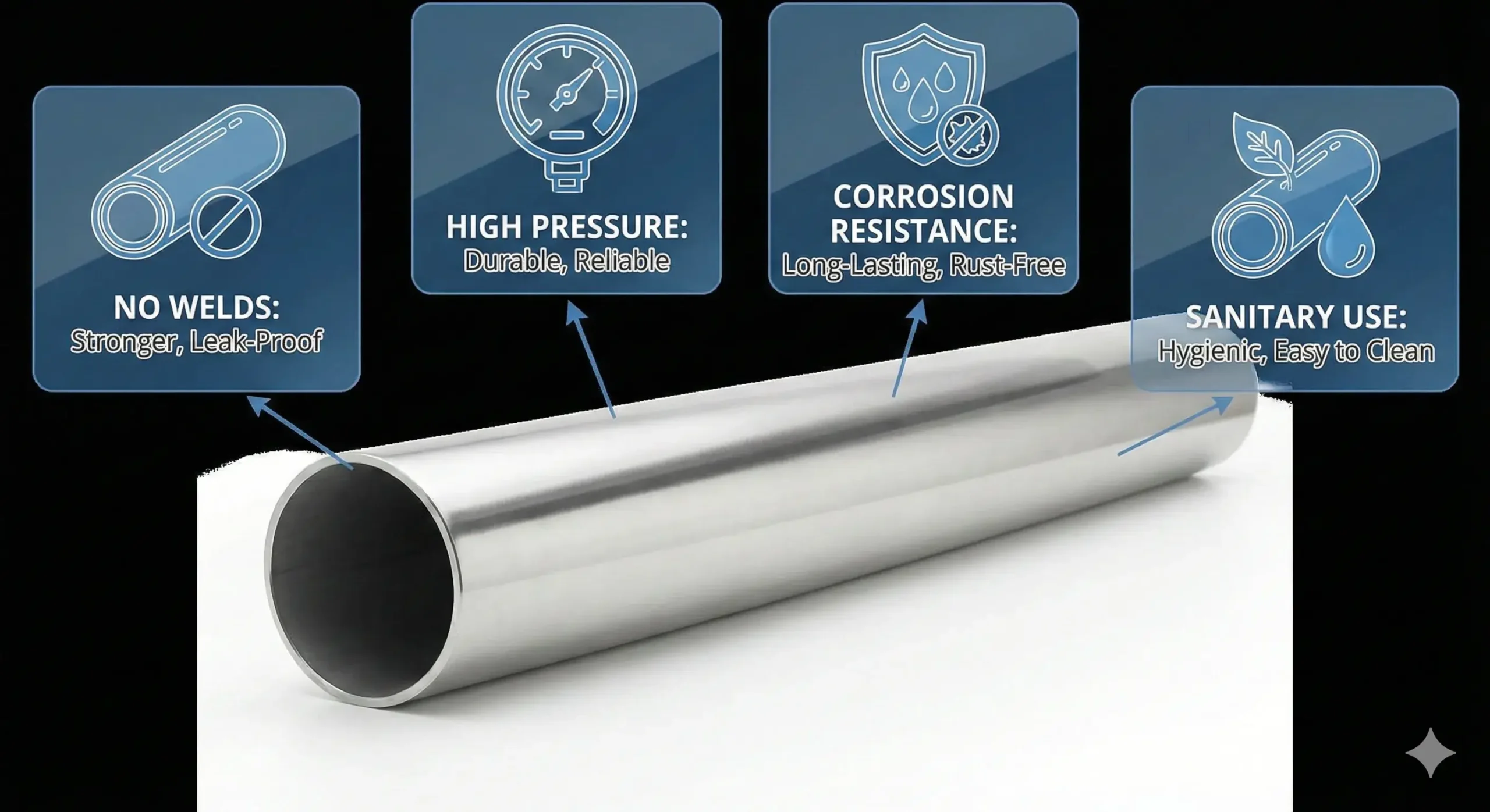 Benefits of seamless pipe Benefits of seamless stainless steel pipe highlighted with icons