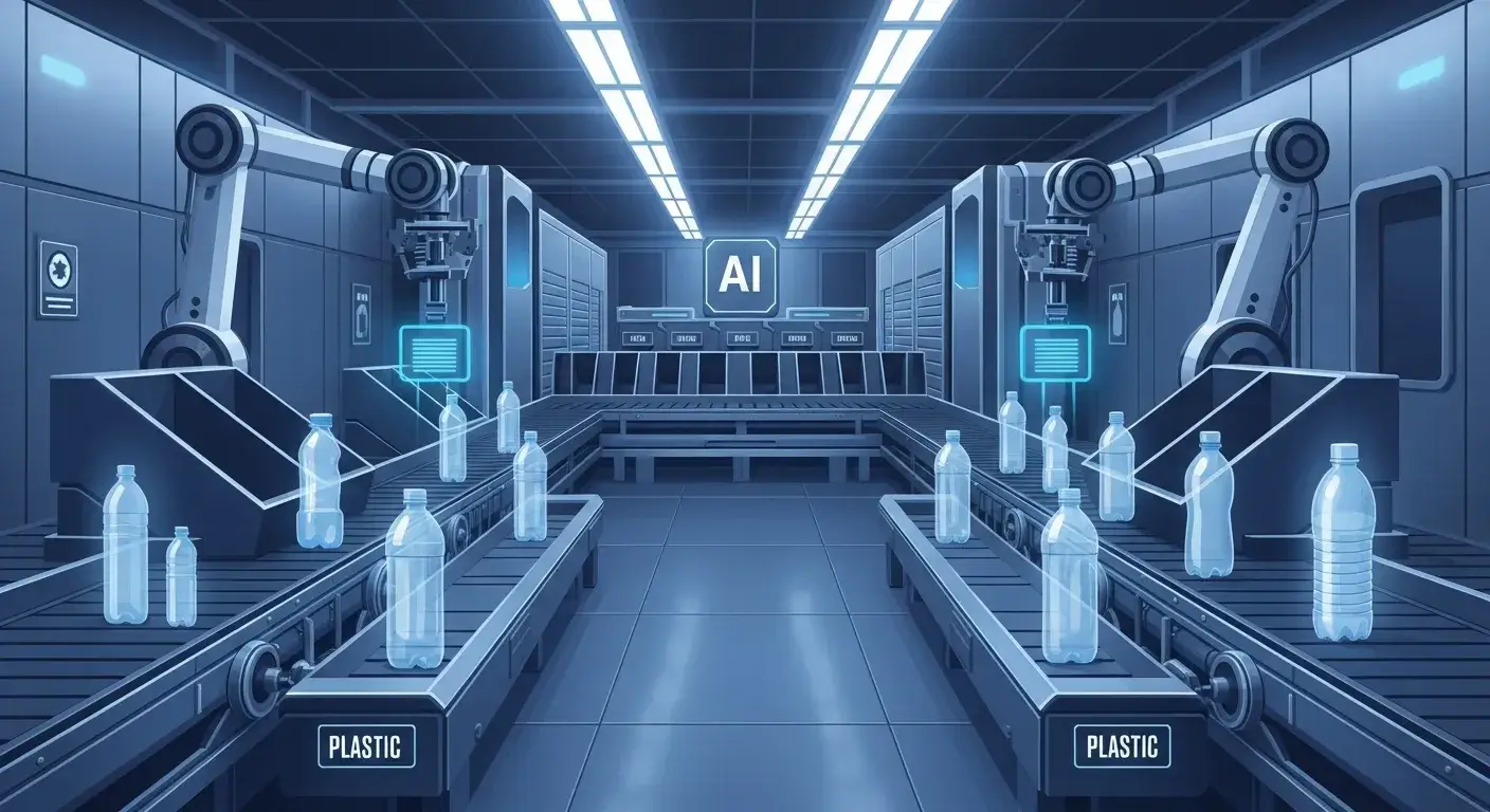 AI-powered robotic arms and optical sorting machines processing plastic bottles in a recycling facility
