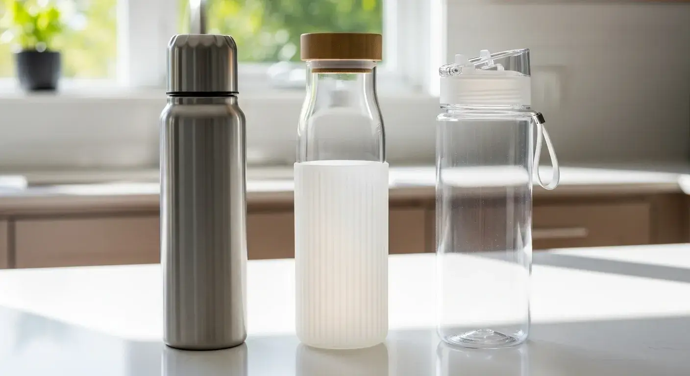 Stainless steel, glass, and Tritan bottles on display