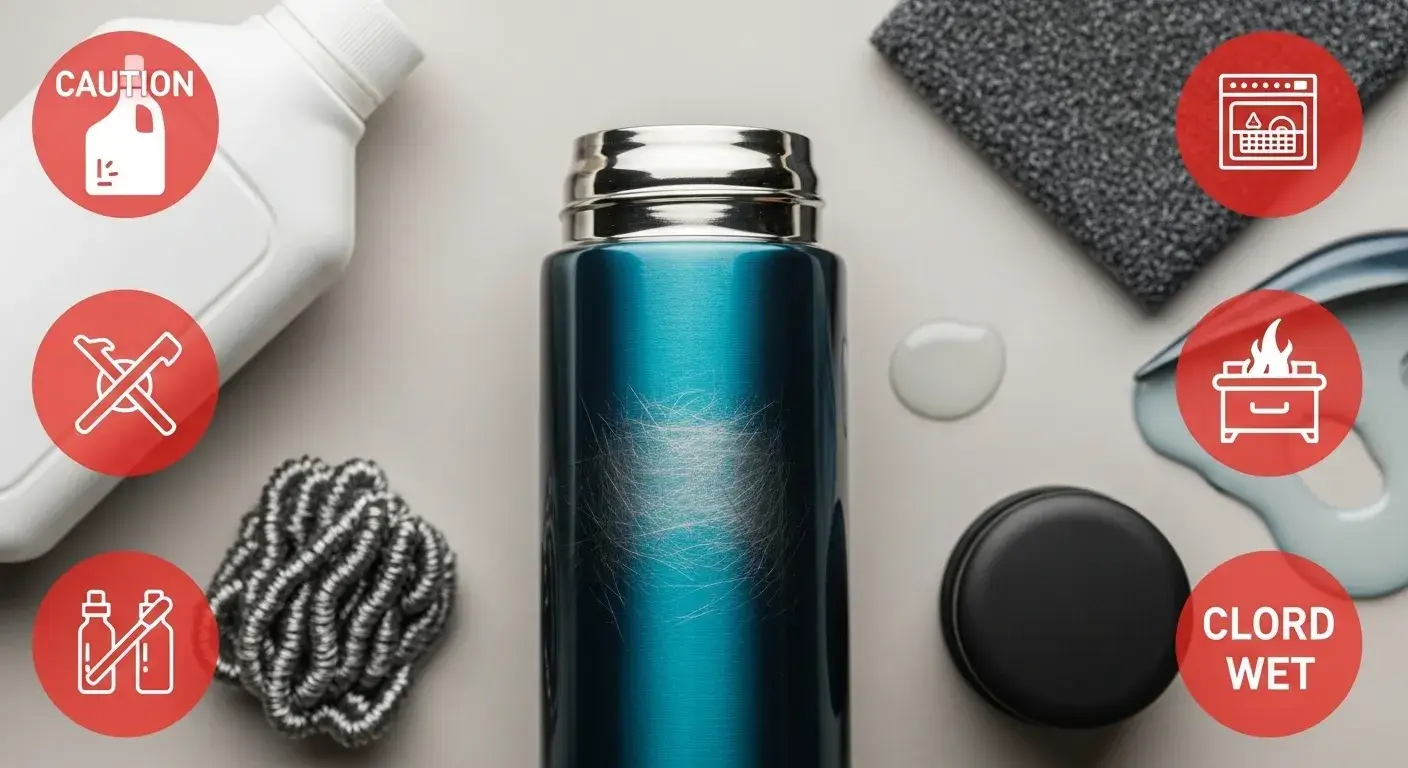 Damaged insulated stainless steel bottle with cleaning mistake icons