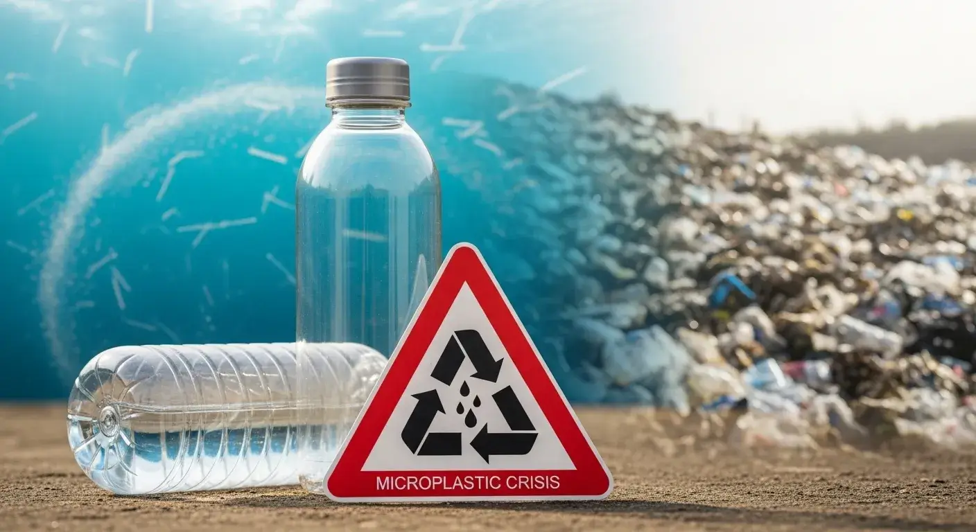 Water bottle with microplastic warning symbol