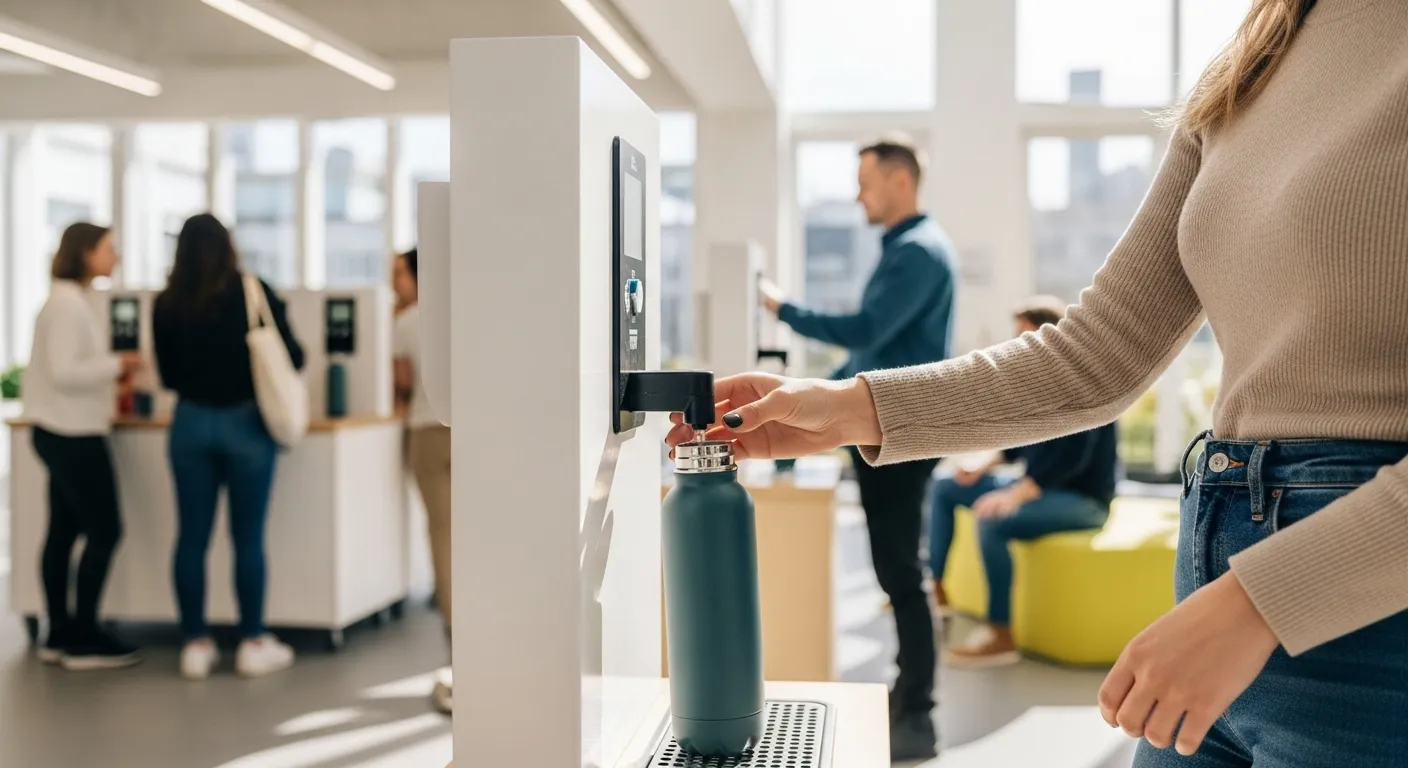 Campus refill station with reusable bottles