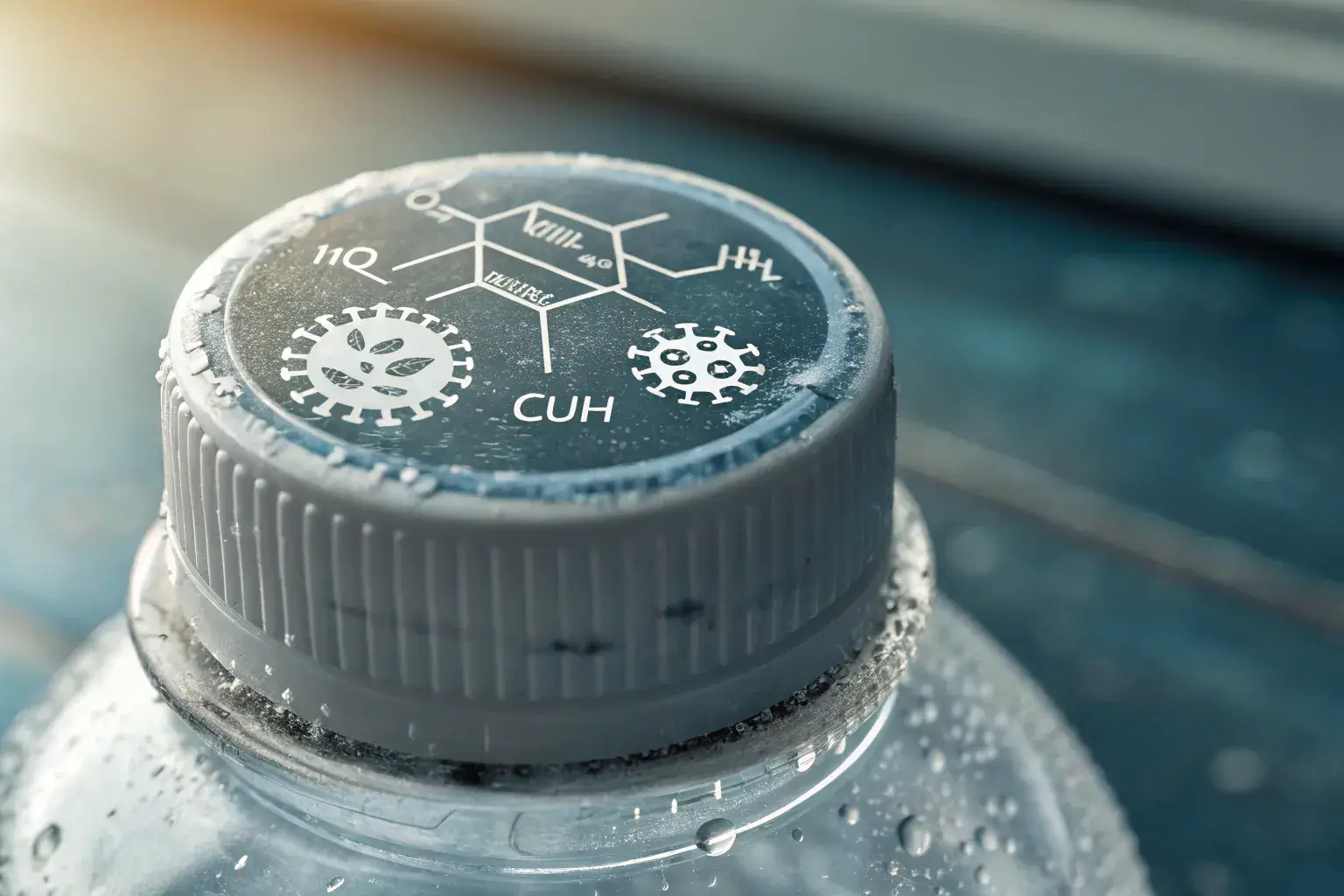 Bacteria and chemical leaching Magnified bacteria near bottle cap and warning label