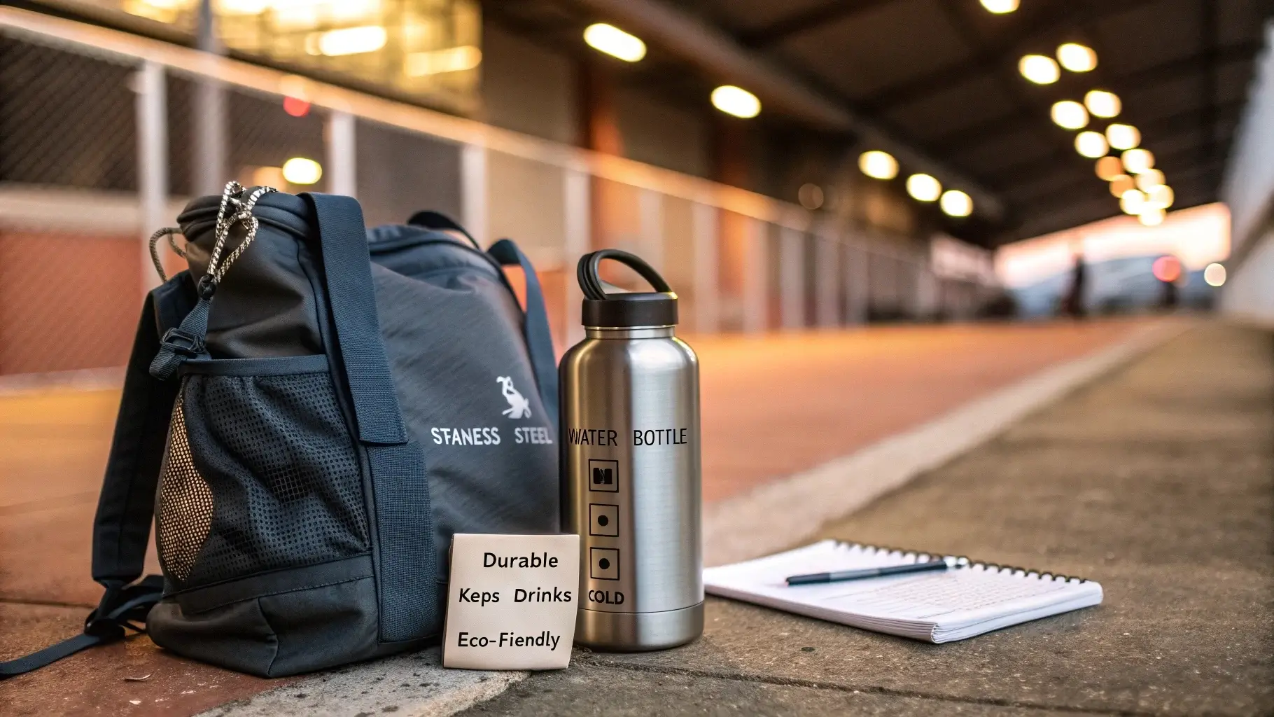 Reusable stainless steel water bottle on gym bag with checklist of durability, insulation, and eco-friendliness