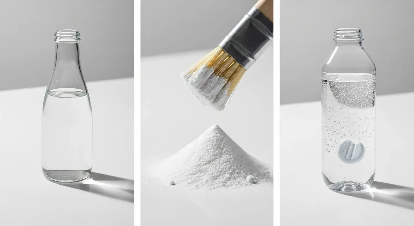 Top cleaning methods Side-by-side of vinegar soak, baking soda paste, and tablets fizzing in a bottle
