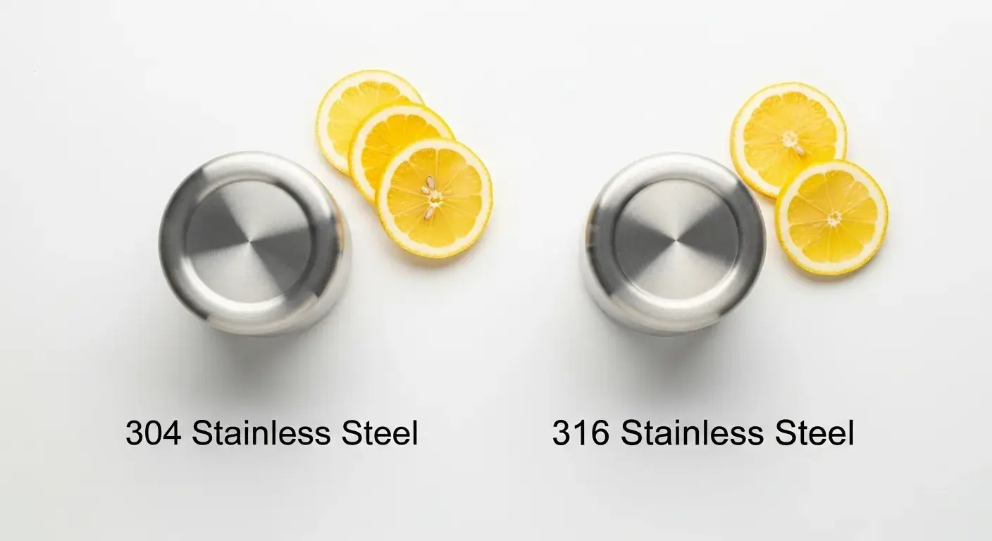 304 and 316 stainless samples with lemon