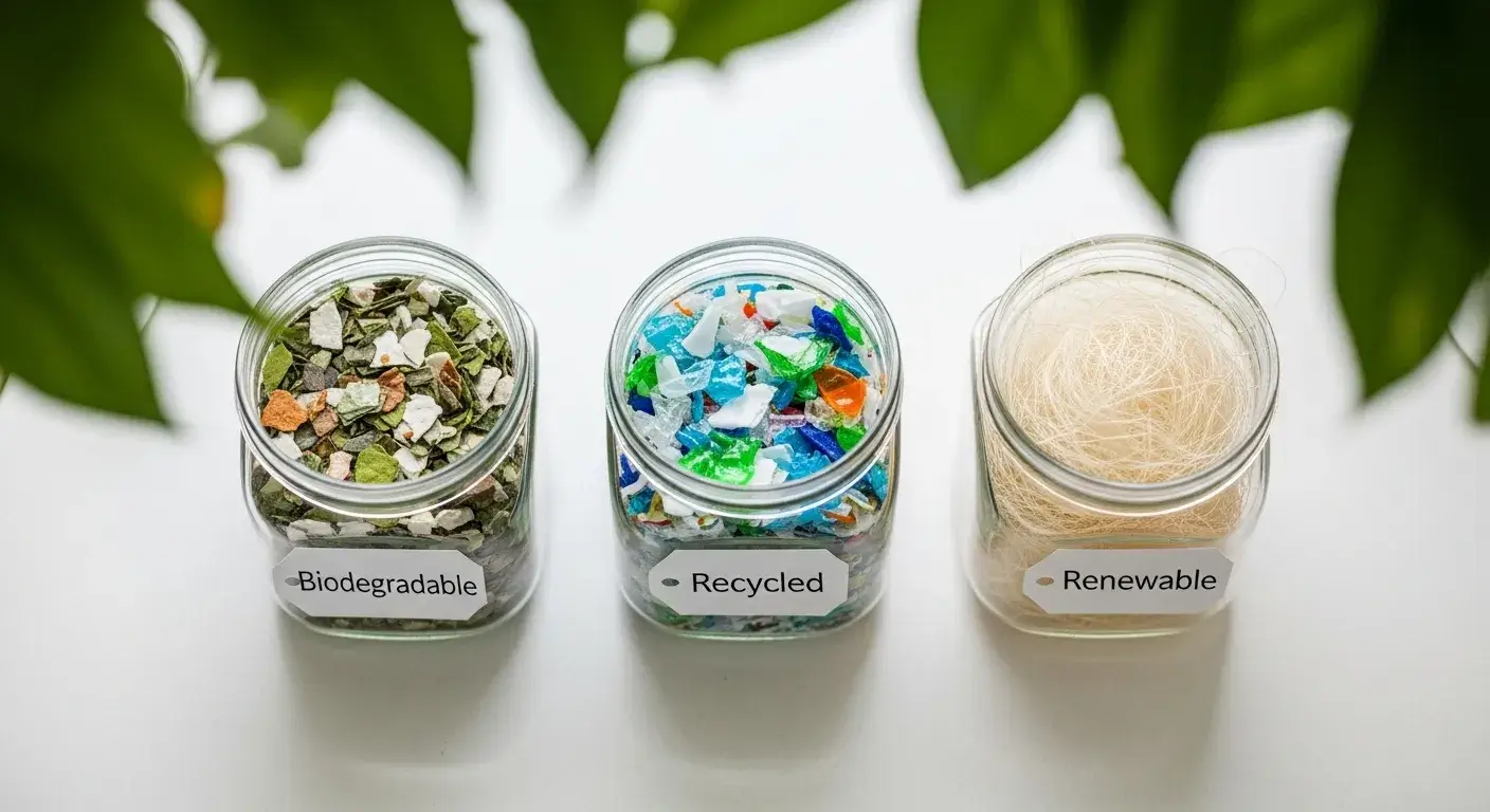 Material comparison types Three labeled jars: biodegradable, recycled, and renewable materials