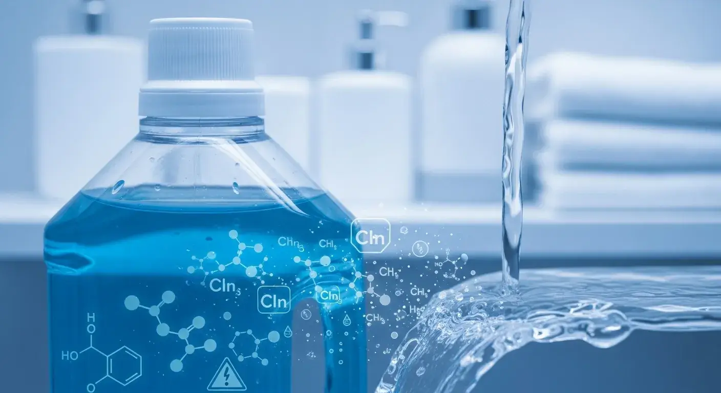 Bleach bottle showing chemical leaching into water