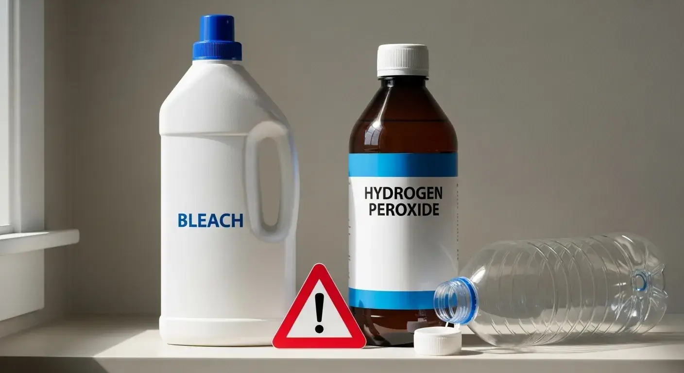 Caution with bleach cleaning Bleach and hydrogen peroxide beside a warning sign