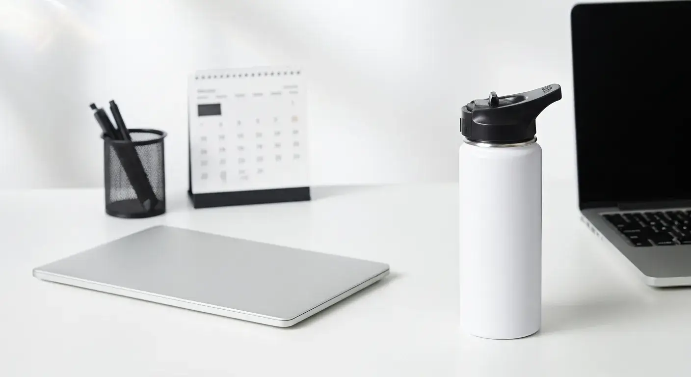 Store it in same place Water bottle in consistent desk corner setup