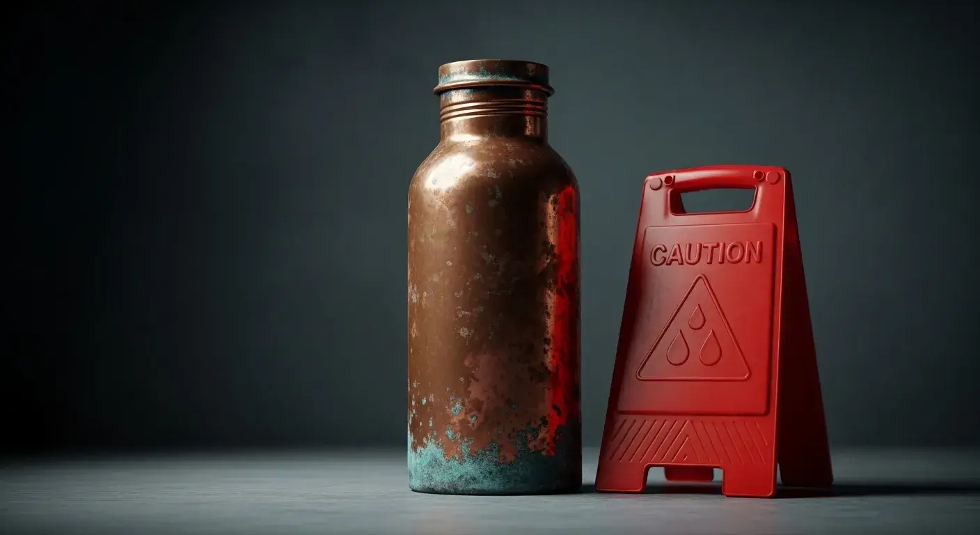 Copper bottle with tarnish beside warning symbol