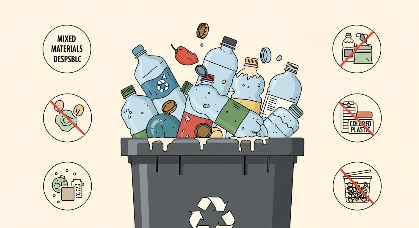 Overflowing bin with plastic bottles showing common recycling challenges like caps, labels, and contamination
