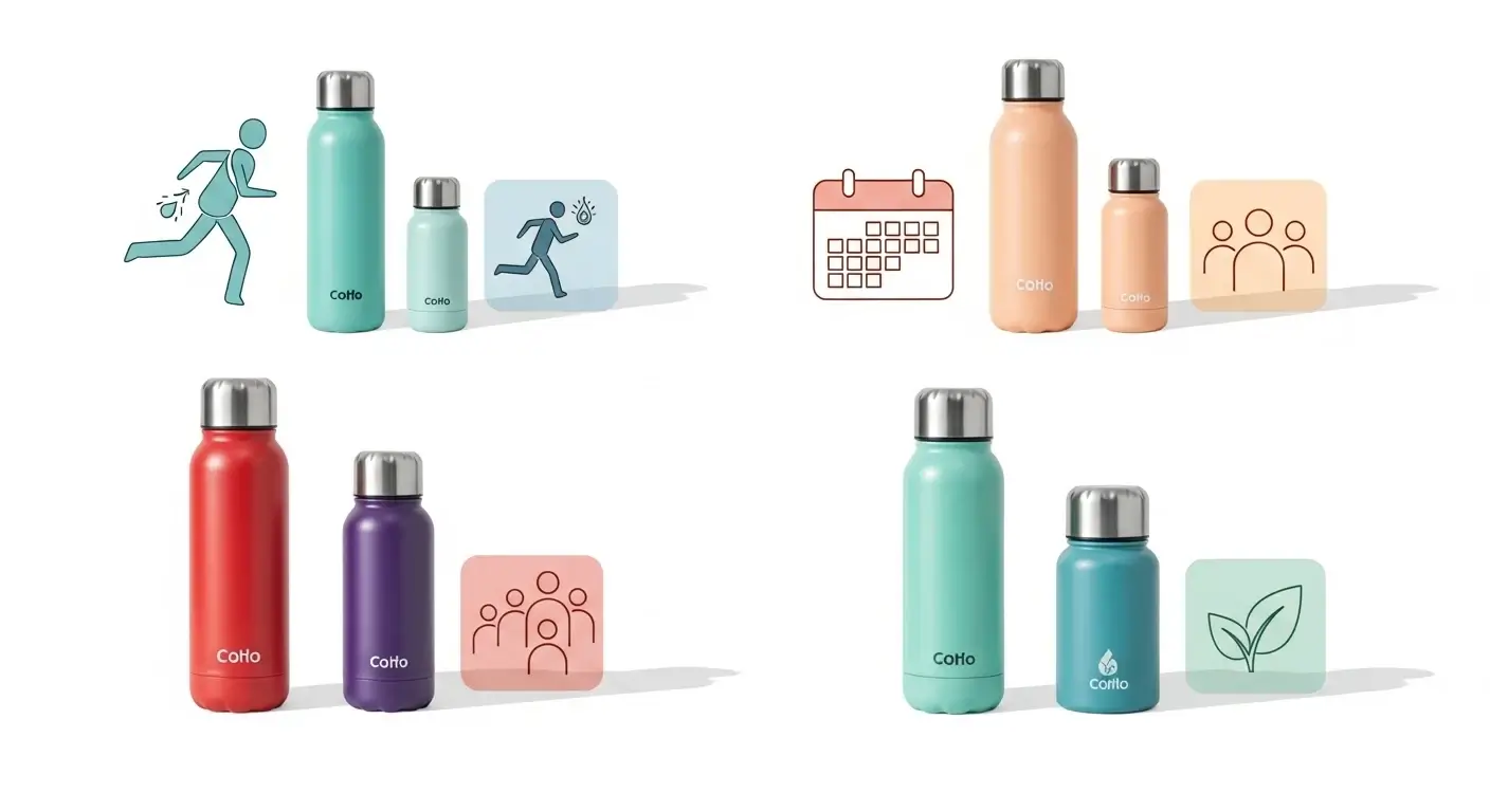 Various water bottles with usage icons for hydration, events, and sustainability