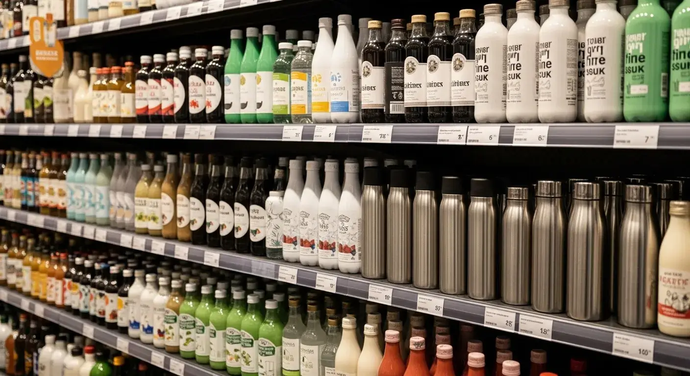 Glass, plastic, and stainless bottles in retail display