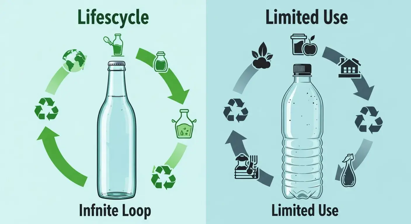 Glass and plastic bottles entering recycling arrows