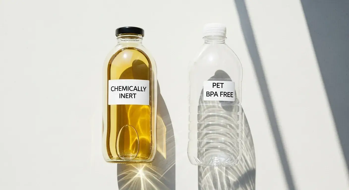 Plastic and glass bottles labeled BPA-free and inert