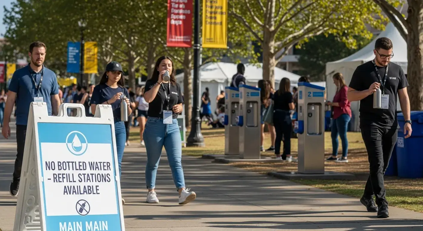 Event venue sign showing no bottled water policy