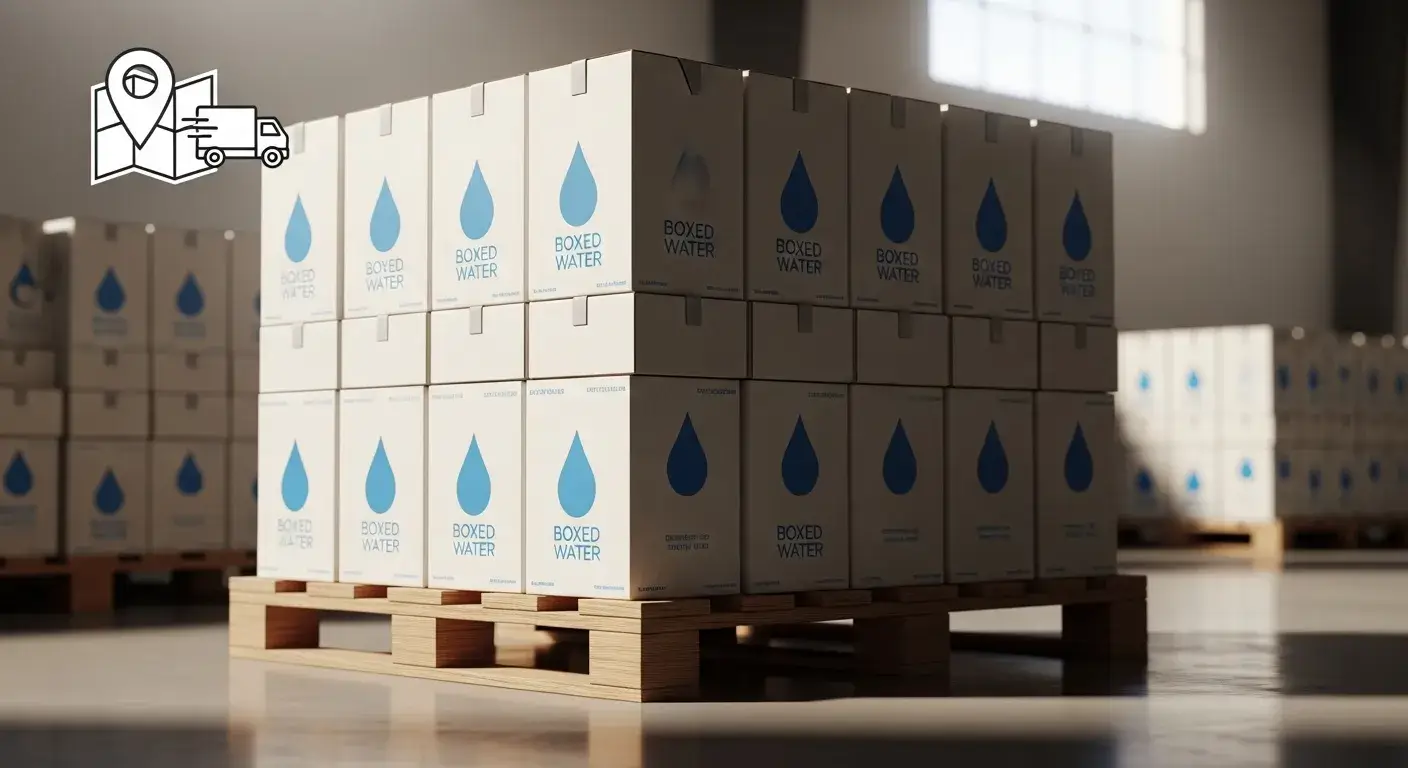 Boxed water shipping efficiency Flat-packed boxed water cartons on pallet