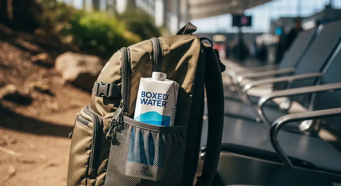 Boxed water for travel Boxed water in a travel backpack pocket