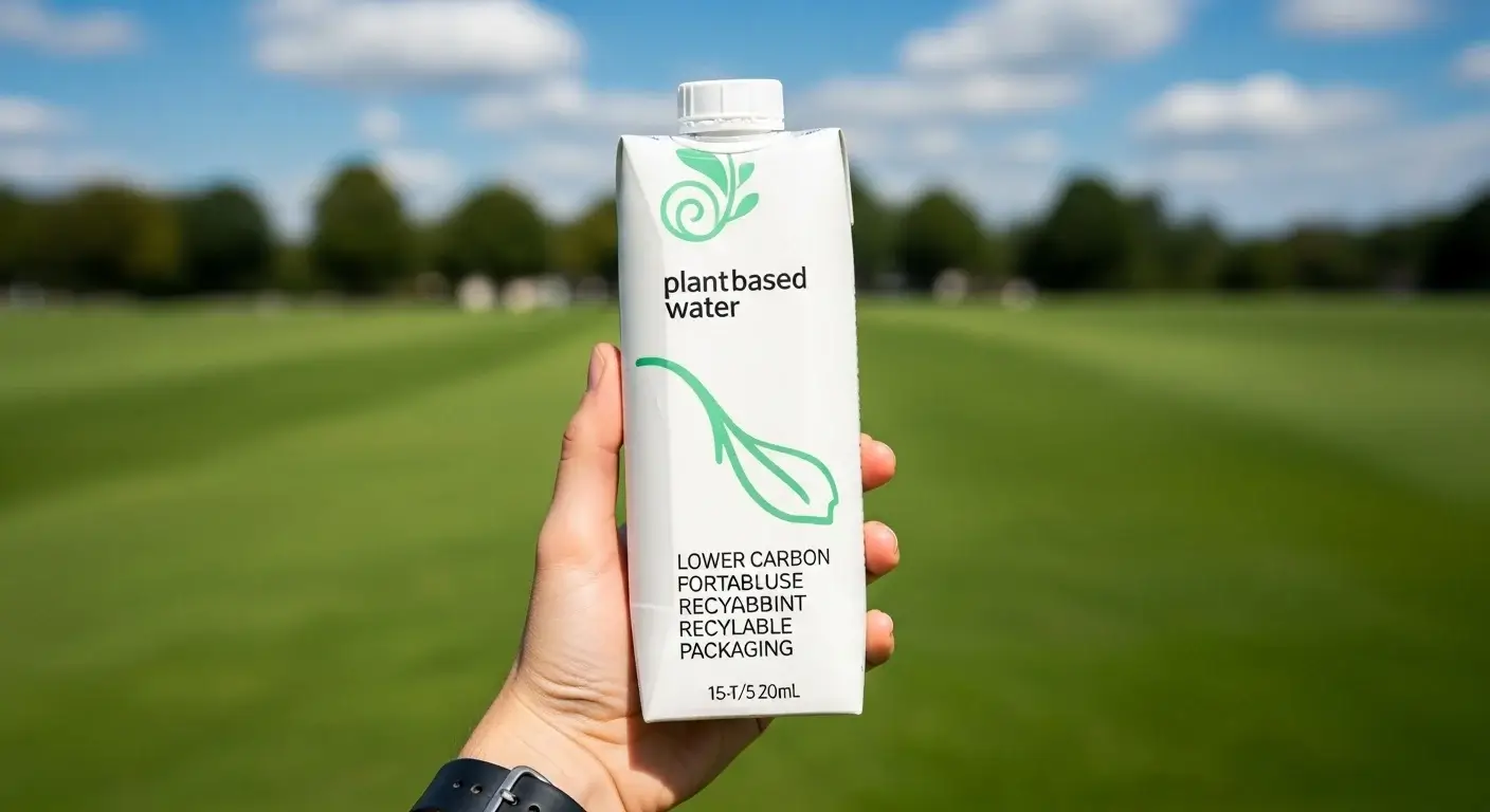 Boxed water carton held in hand against outdoor backdrop