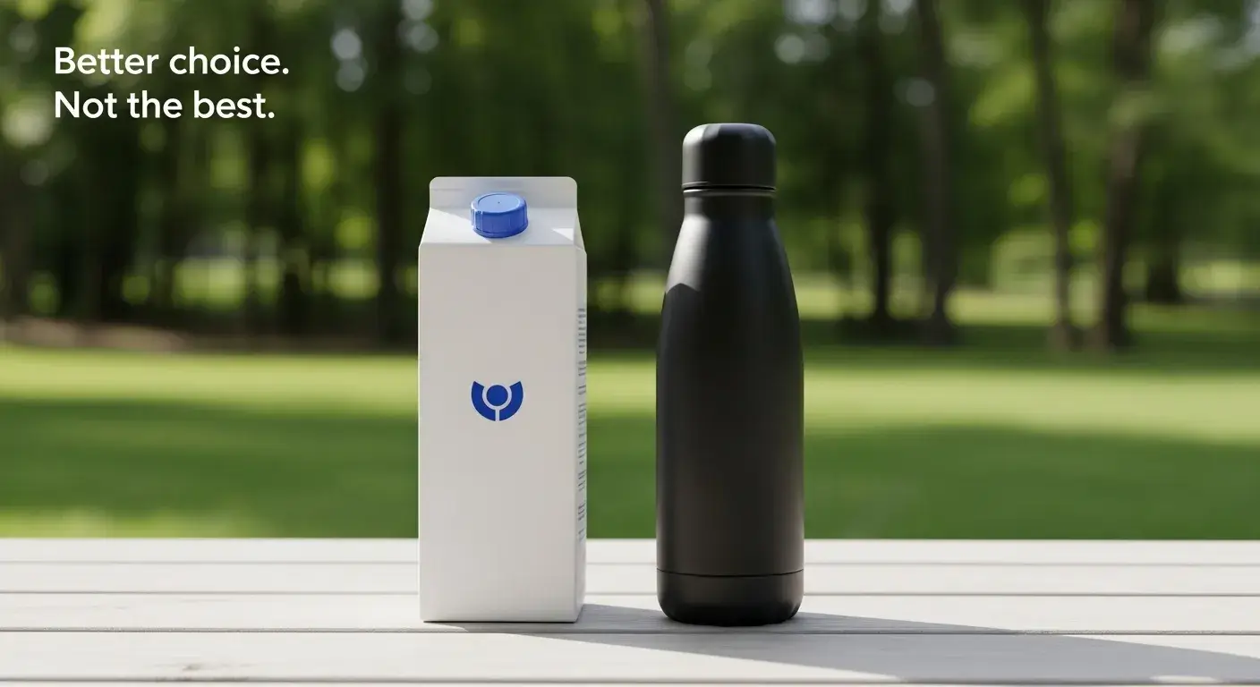 Single-use vs reusable Boxed water beside stainless steel reusable bottle