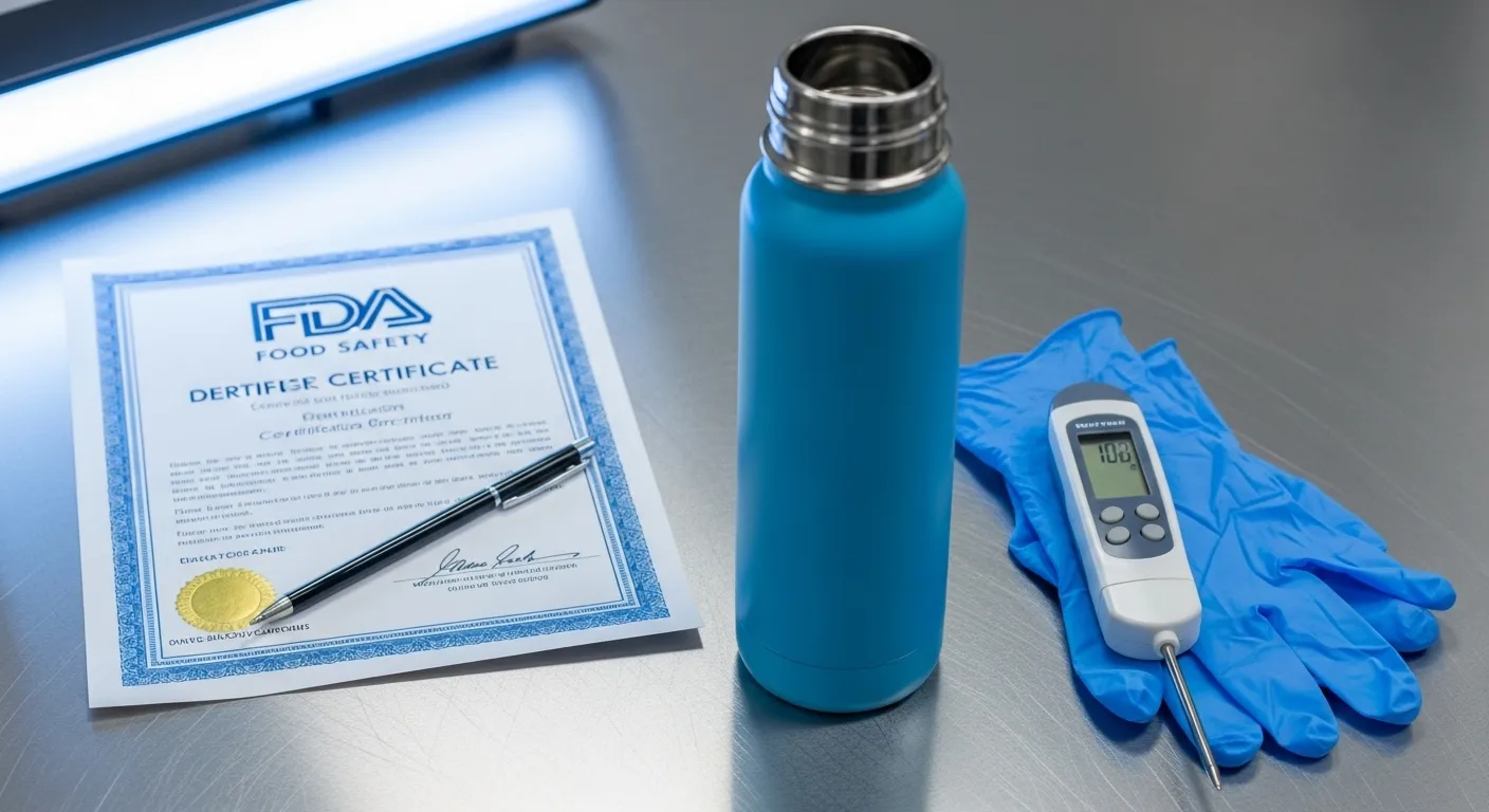 BPA-free and food-safe Powder-coated bottle beside FDA certificate and lab tools