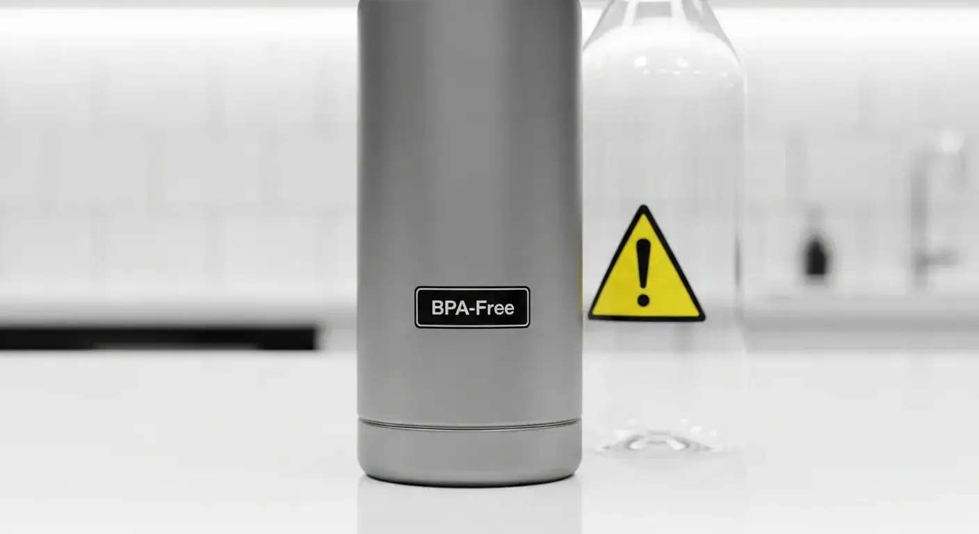 Insulated stainless steel bottle labeled BPA-free