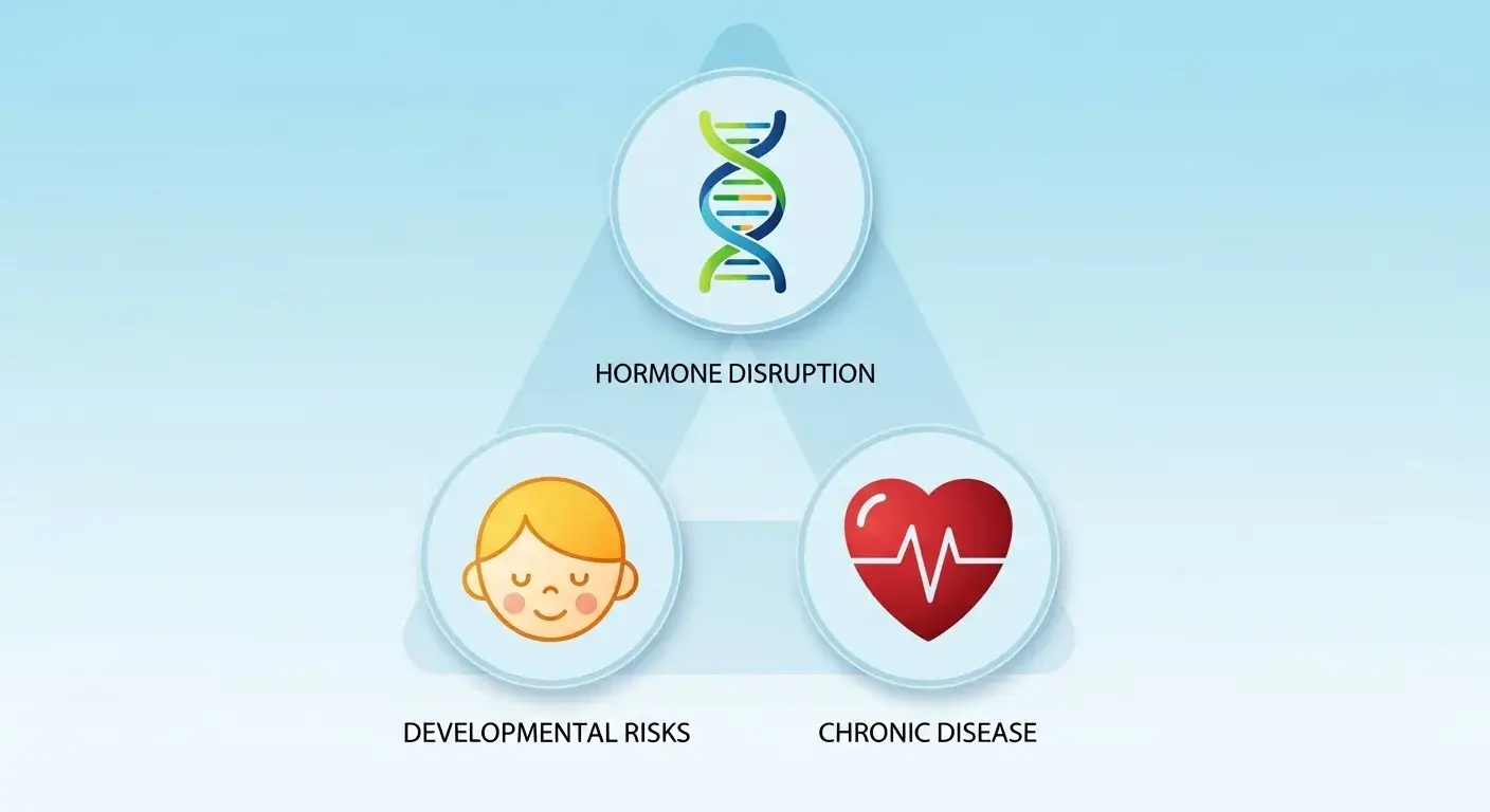 Icons showing hormone, heart, and child health risks