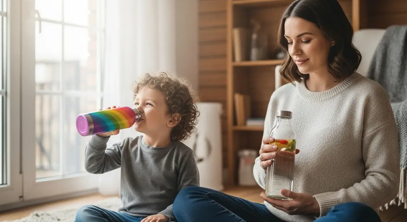 Child drinking from stainless steel bottle beside pregnant woman