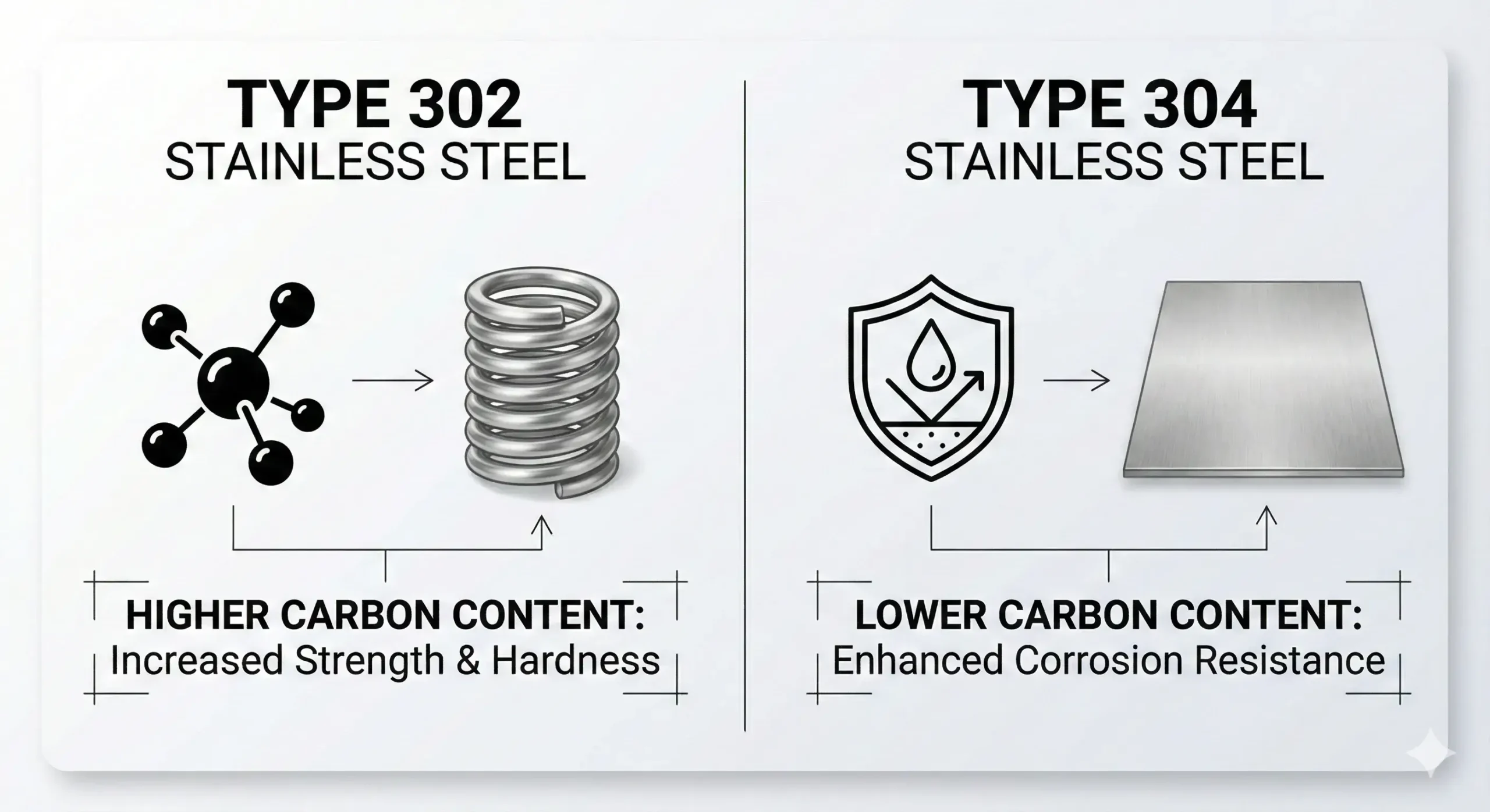 Carbon impact on performance Higher carbon in 302 for strength vs lower carbon in 304 for corrosion resistance