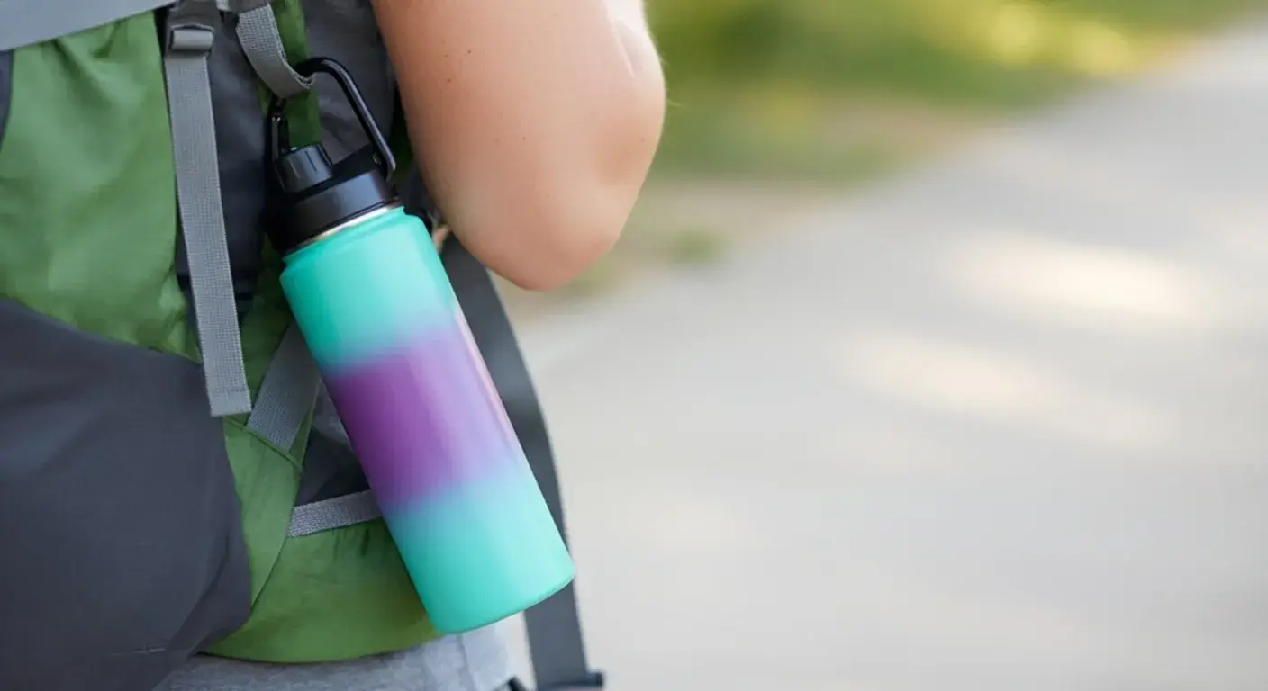 Hands-free carrying methods Water bottle attached to backpack with carabiner