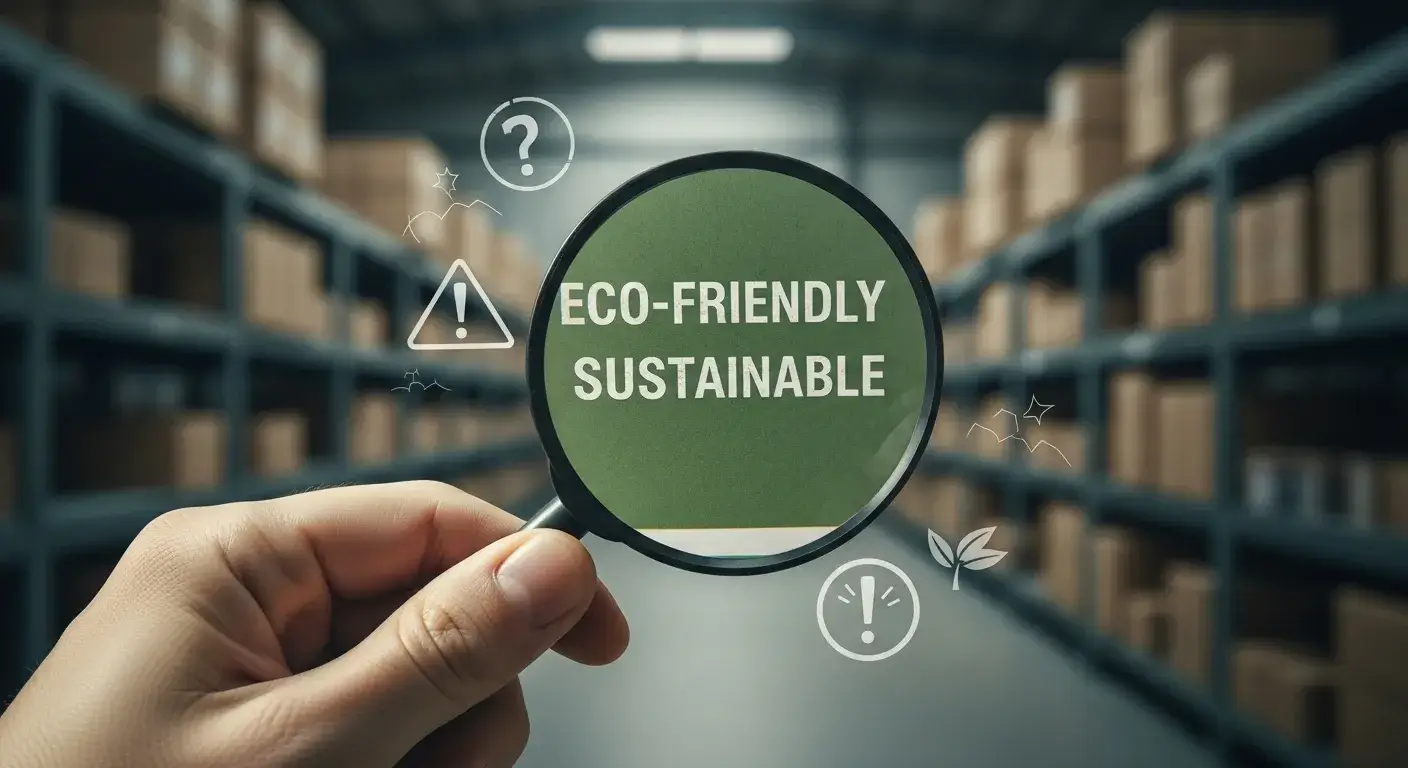 Greenwashing and sourcing issues Magnifying glass over eco label with warning signs of greenwashing